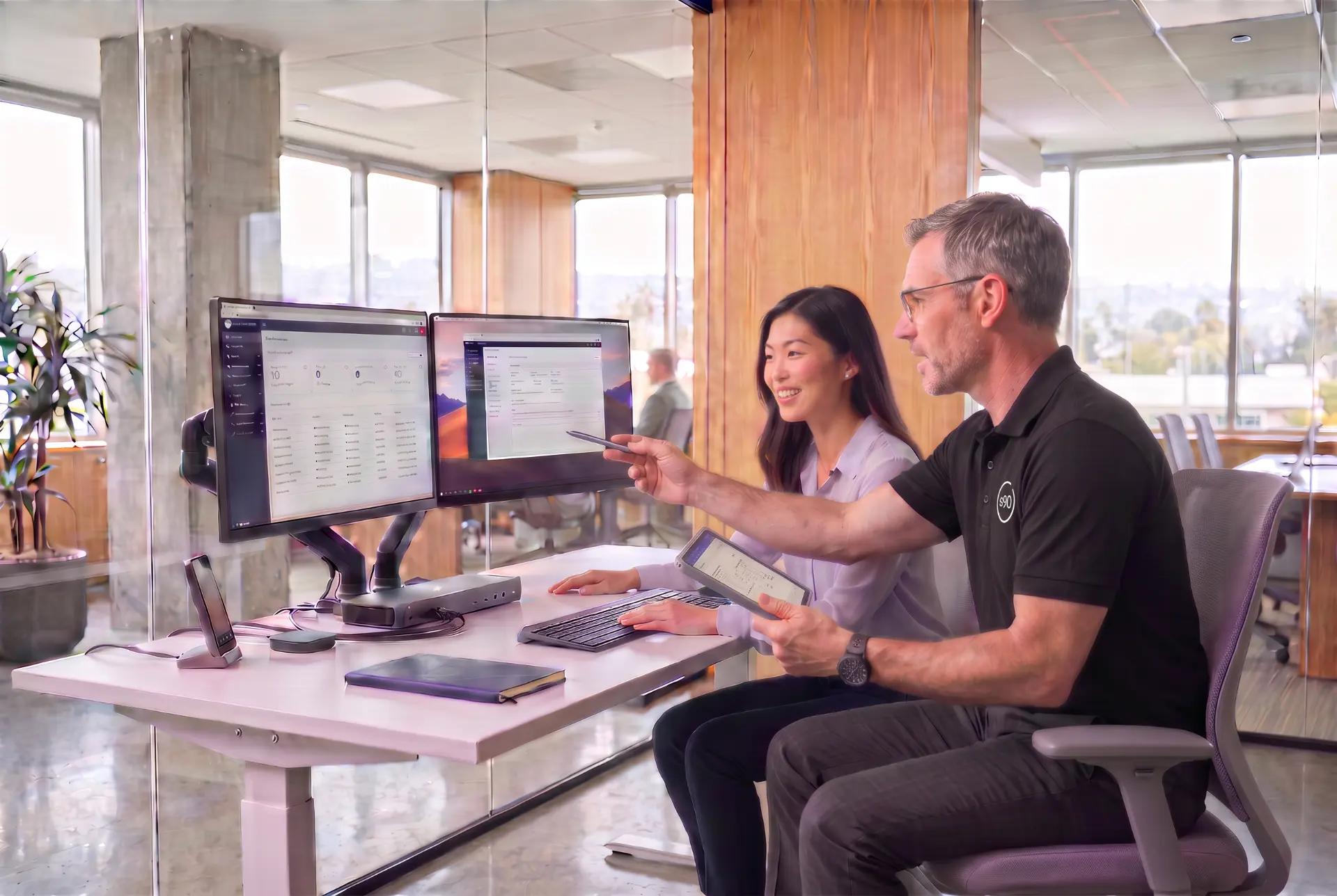 Two colleagues at a standing desk in a sunlit office, one seated and one leaning in, both looking at dual monitors showing spreadsheets. Warm wood and glass, city view behind.