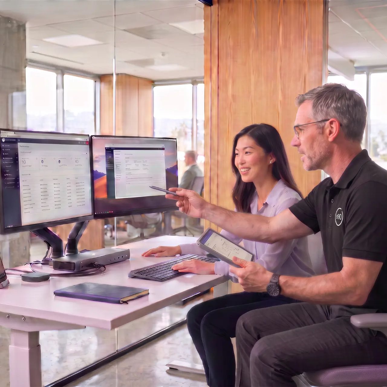 Two colleagues at a standing desk in a sunlit office, one seated and one leaning in, both looking at dual monitors showing spreadsheets. Warm wood and glass, city view behind.