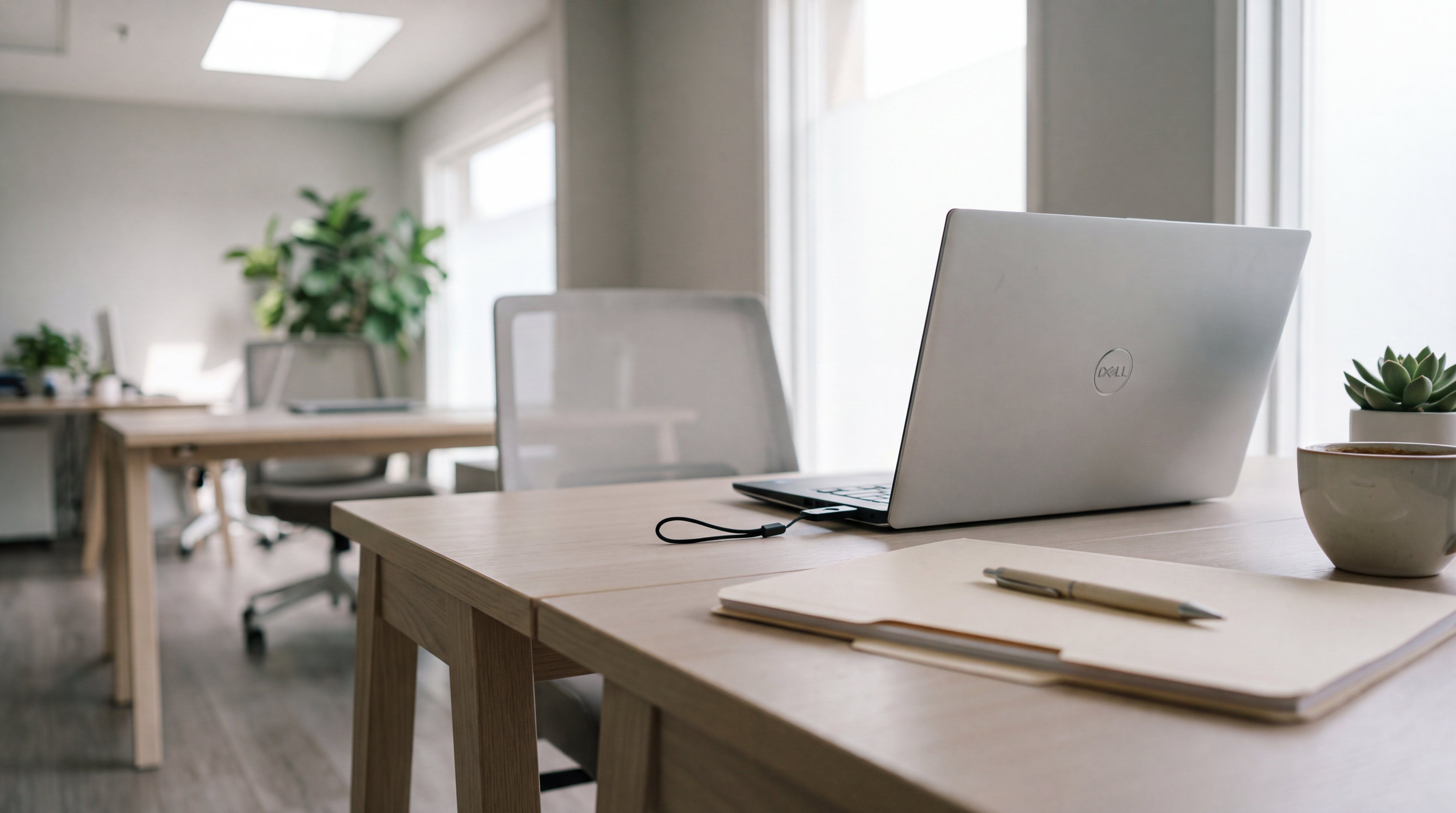 A Dell laptop in a small lending office with a hardware security key plugged into its side, beside a closed loan file and a pen.