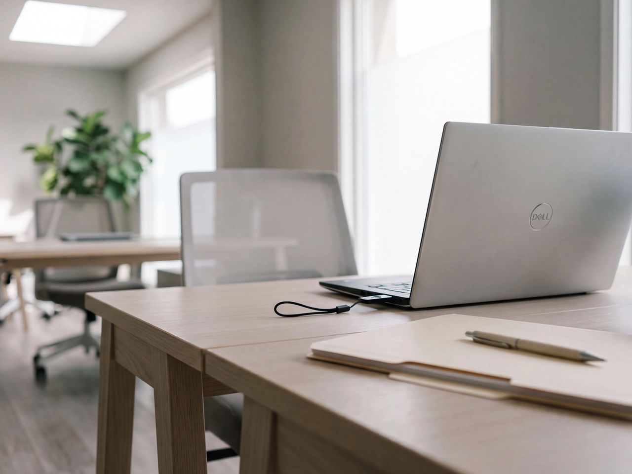 A Dell laptop in a small lending office with a hardware security key plugged into its side, beside a closed loan file and a pen.