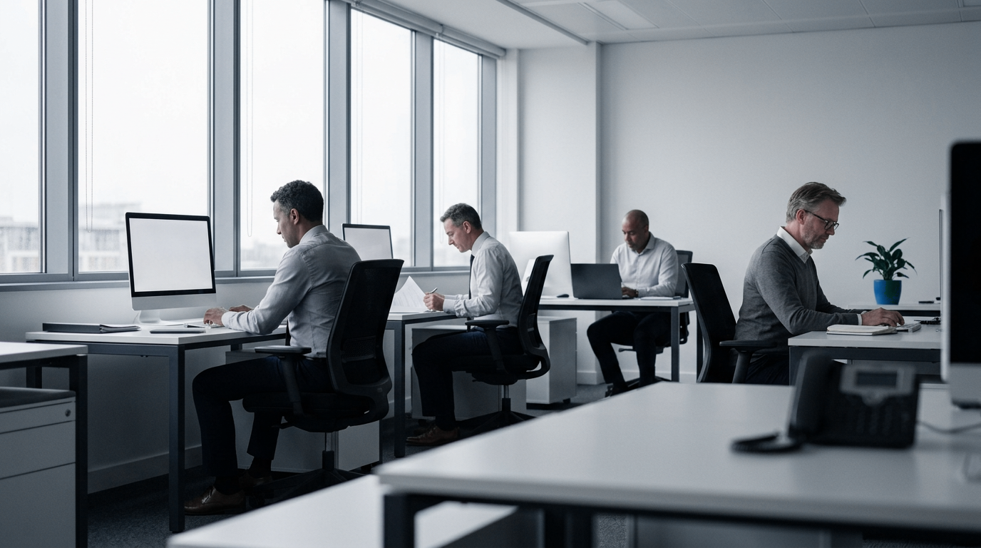 Engineers working at separate desks in a quiet open office.