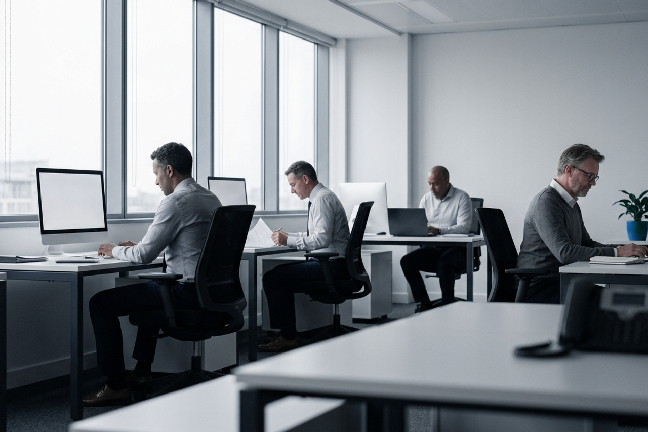 Engineers working at separate desks in a quiet open office.