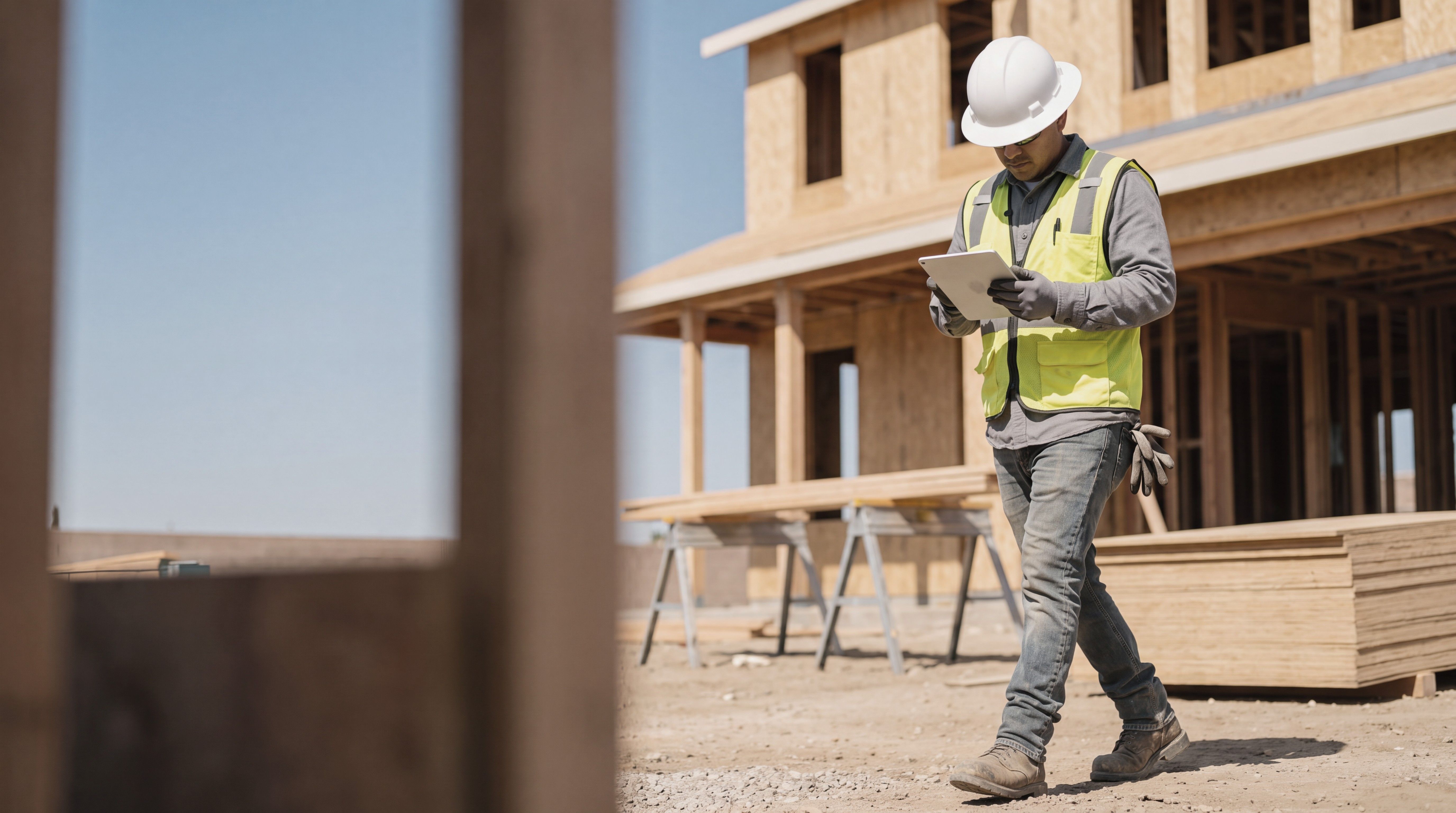 A crew member in a hard hat and safety vest walks a residential framing site while reading a tablet.