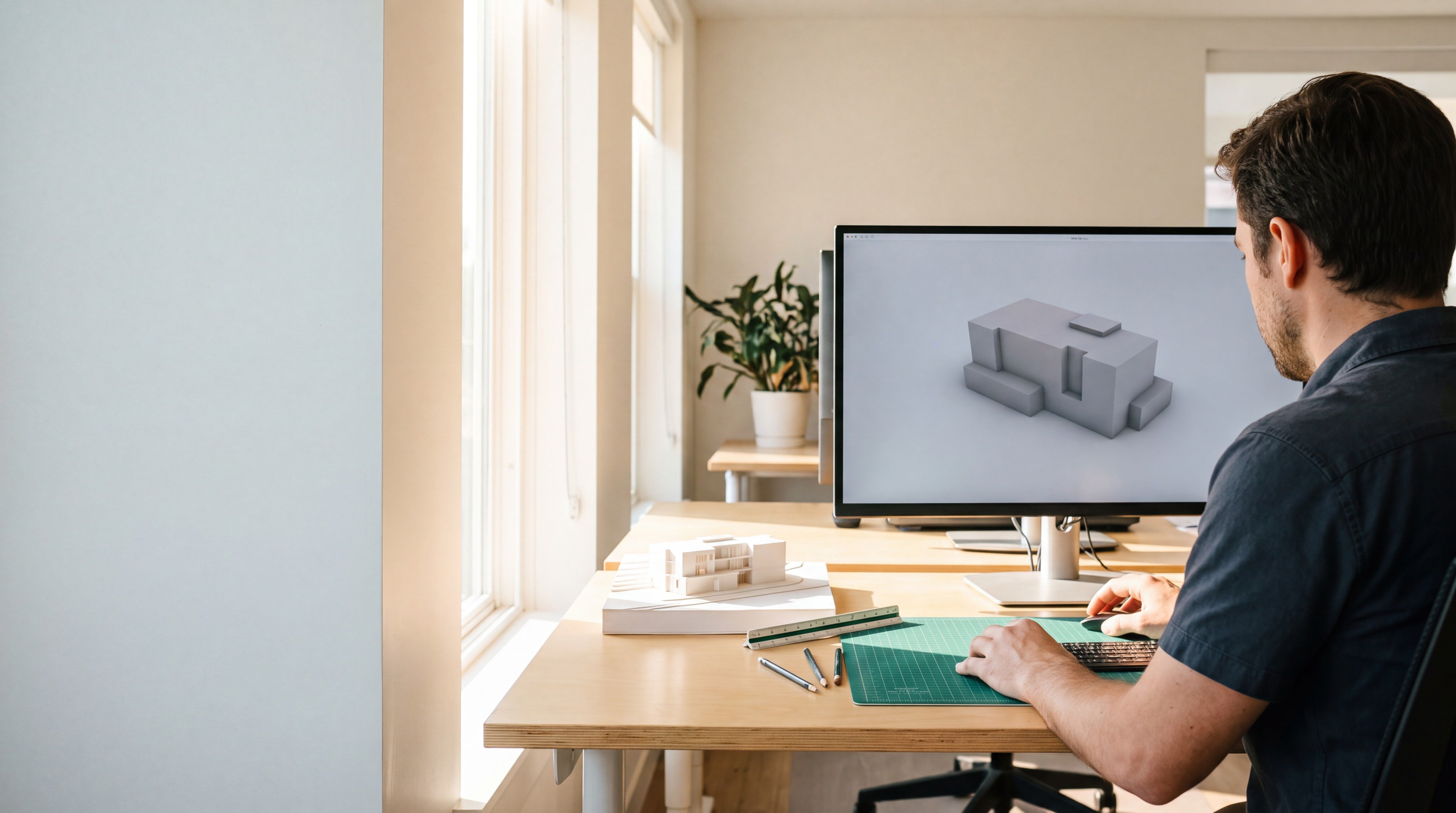 A designer works at a monitor showing a gray 3D building model, a small white physical model on the desk beside it.