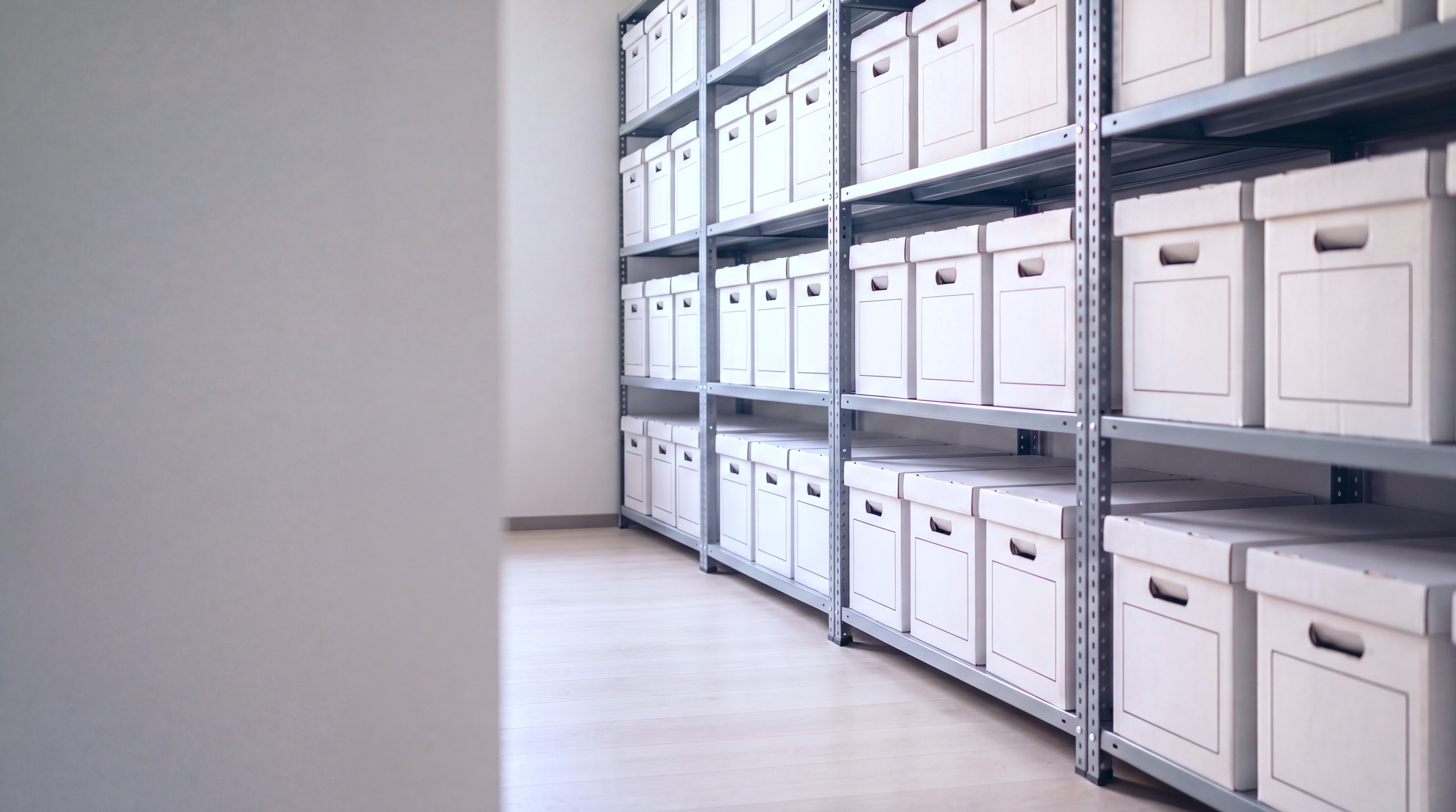 Rows of white archive boxes with blank labels on gray metal shelving in a quiet file room.
