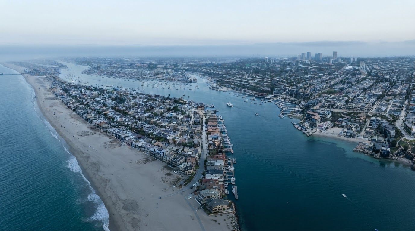 Aerial view along a Southern California coastline at dawn, a long sand spit and harbour channel separating dense low-rise housing from the open ocean, city skyline faint on the horizon.