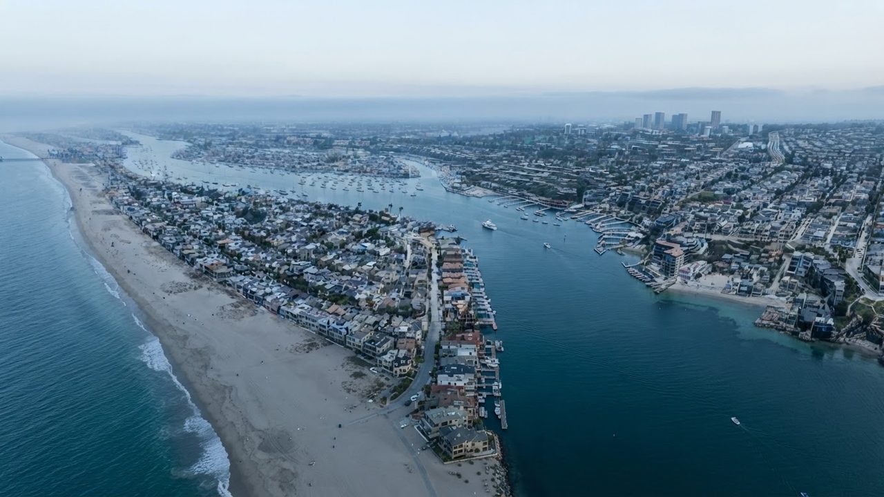 Aerial view along a Southern California coastline at dawn, a long sand spit and harbour channel separating dense low-rise housing from the open ocean, city skyline faint on the horizon.