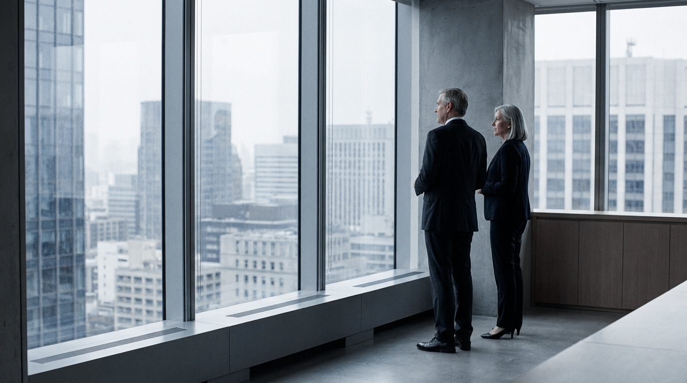 Two principals standing at a window in an empty conference room.