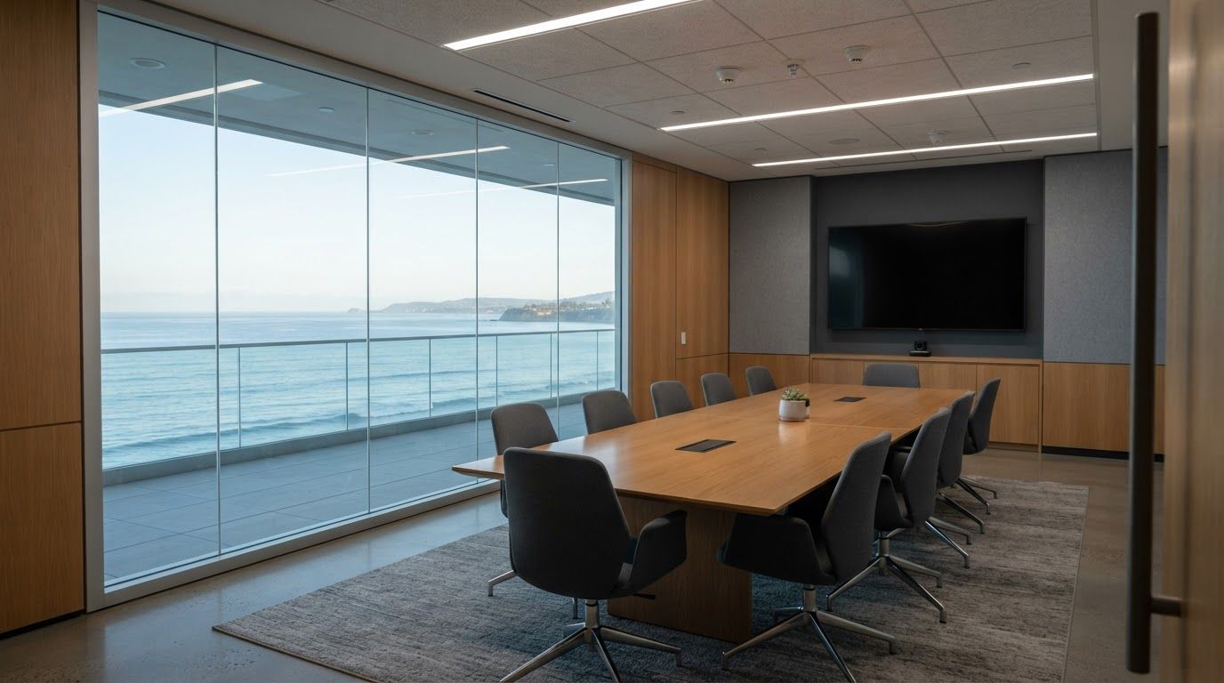 An empty conference room with a long wood table and black chairs, a wall-mounted screen, and a full-height window looking out over the ocean.