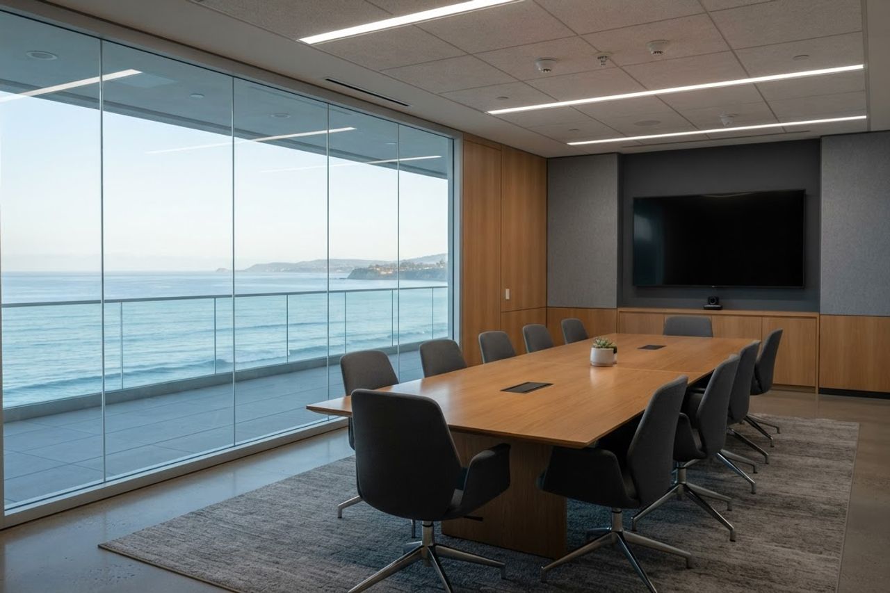 An empty conference room with a long wood table and black chairs, a wall-mounted screen, and a full-height window looking out over the ocean.