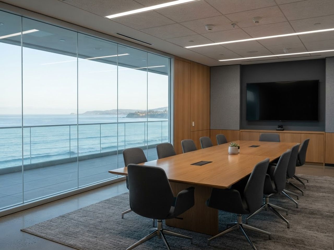 An empty conference room with a long wood table and black chairs, a wall-mounted screen, and a full-height window looking out over the ocean.
