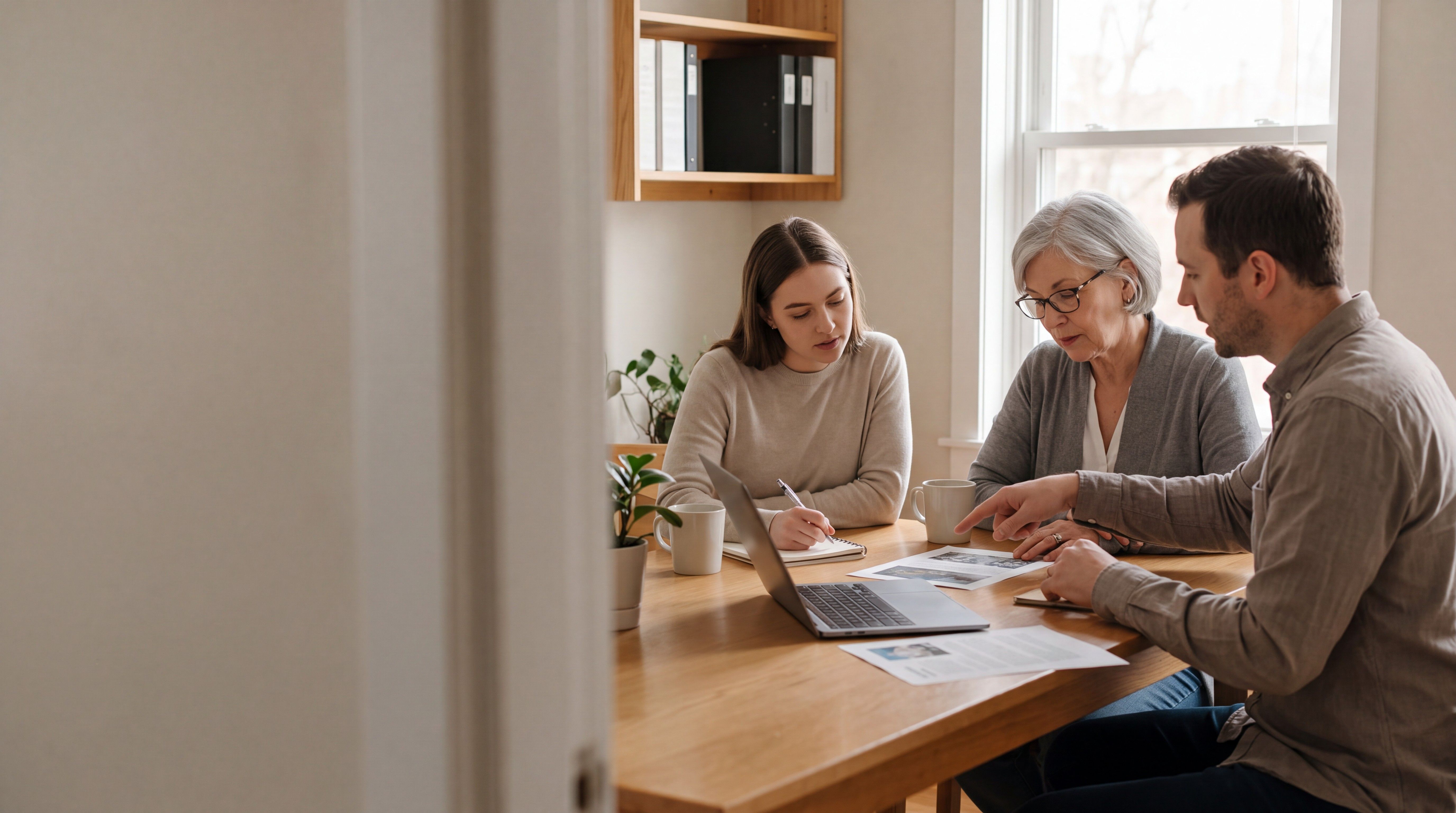 Three staff members review a printed page together at a shared table in a small community services office.