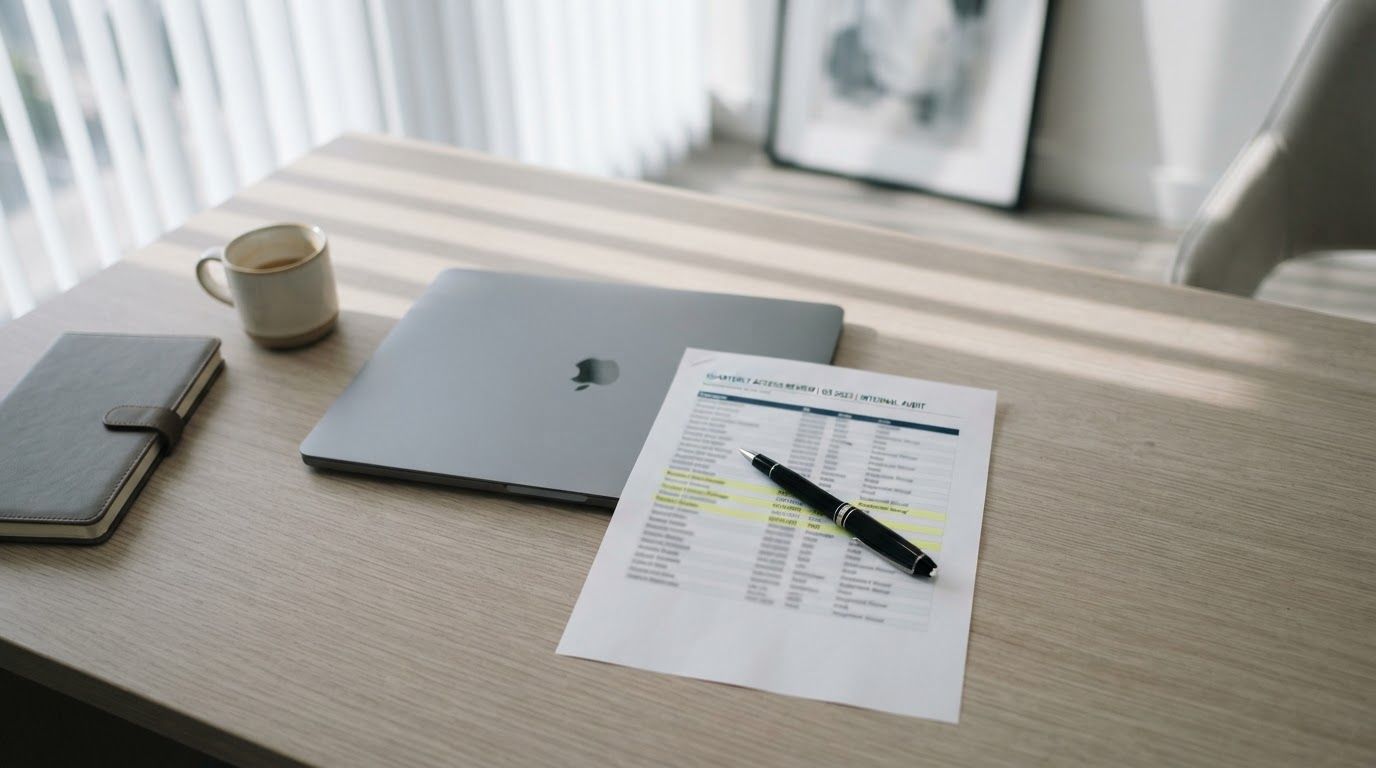 A closed laptop on a light wood desk beside a notebook and a ceramic mug, with a printed checklist and a black pen in the foreground. Soft daylight from the left.