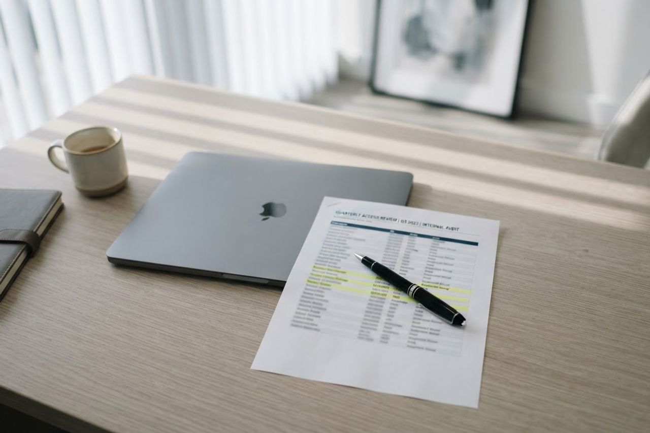 A closed laptop on a light wood desk beside a notebook and a ceramic mug, with a printed checklist and a black pen in the foreground. Soft daylight from the left.