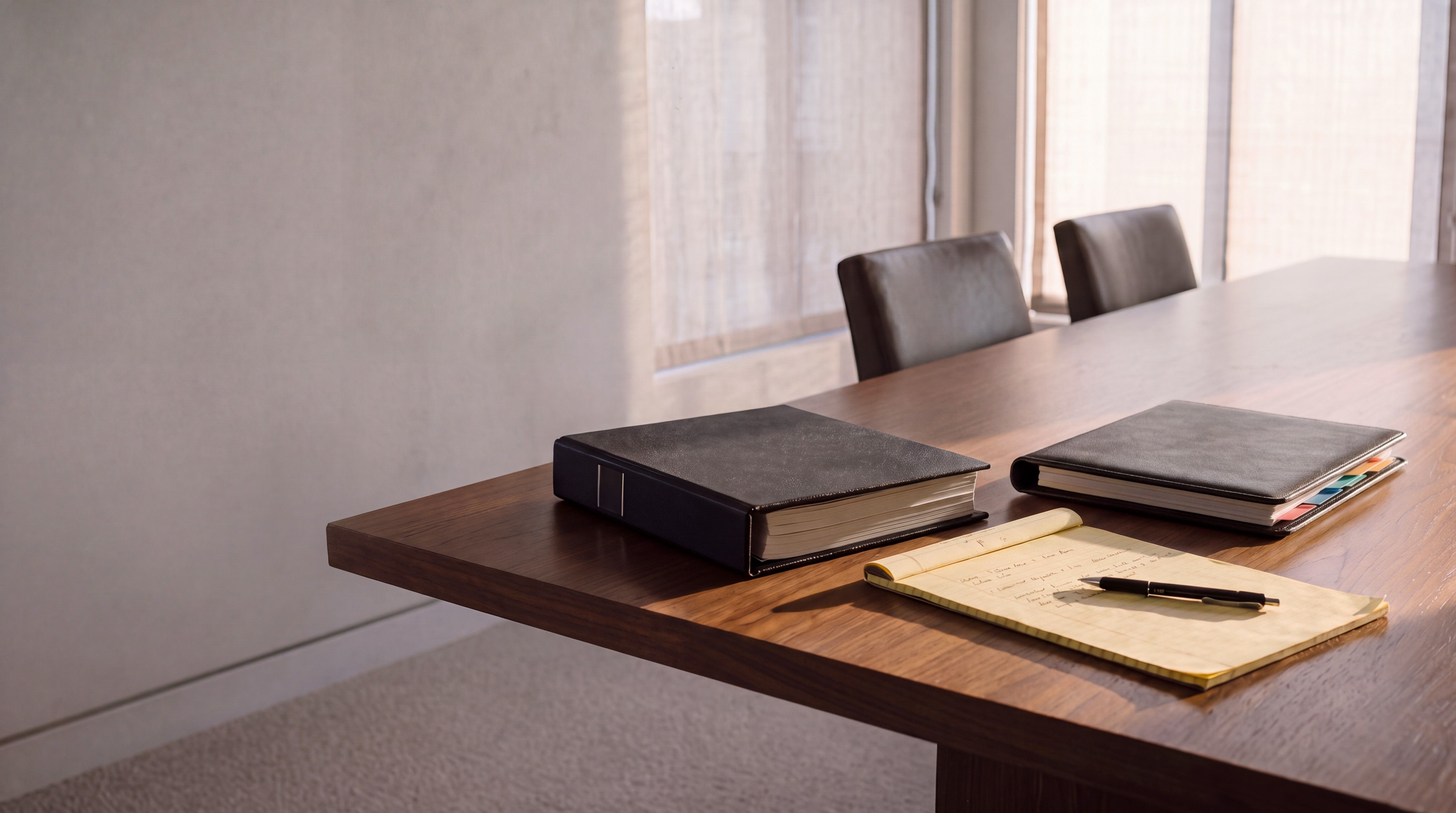 Two black case binders and a yellow legal pad with a pen at the end of a walnut conference table in afternoon light.