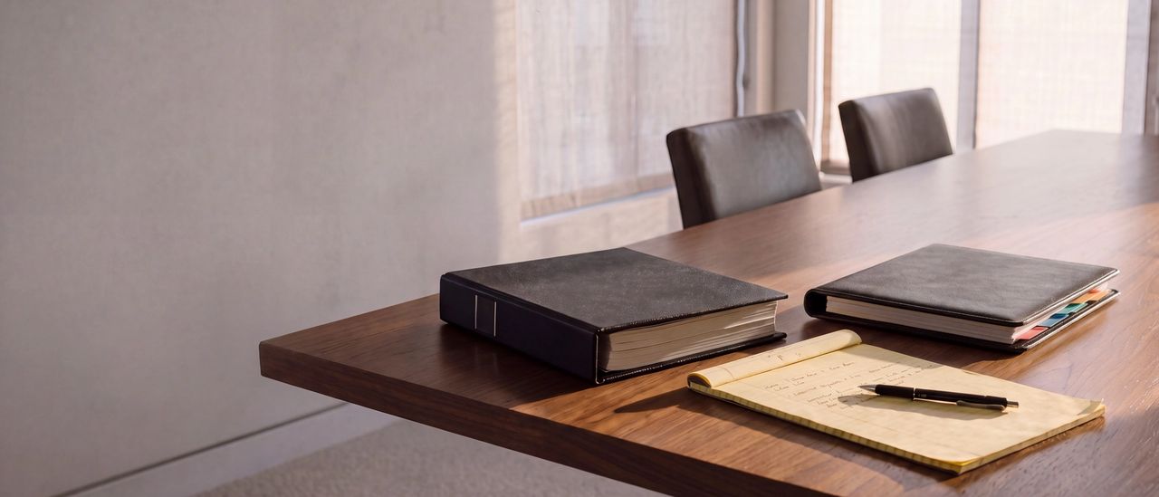 Two black case binders and a yellow legal pad with a pen at the end of a walnut conference table in afternoon light.