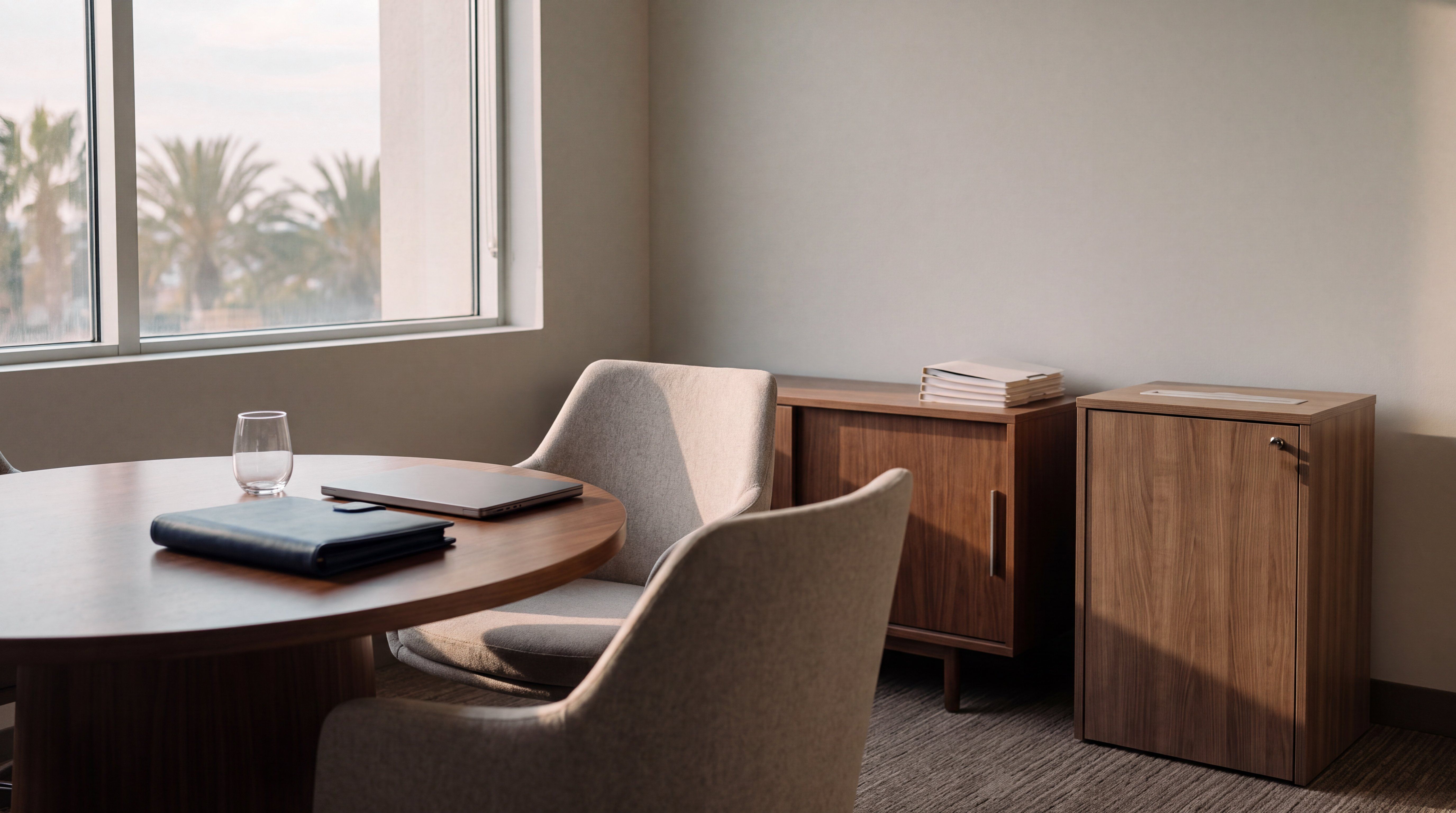 A wealth management client room after hours, with a closed portfolio and laptop on a round walnut table and a locked shredding console beside the credenza.