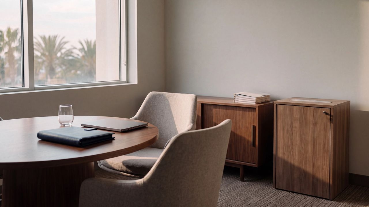 A wealth management client room after hours, with a closed portfolio and laptop on a round walnut table and a locked shredding console beside the credenza.