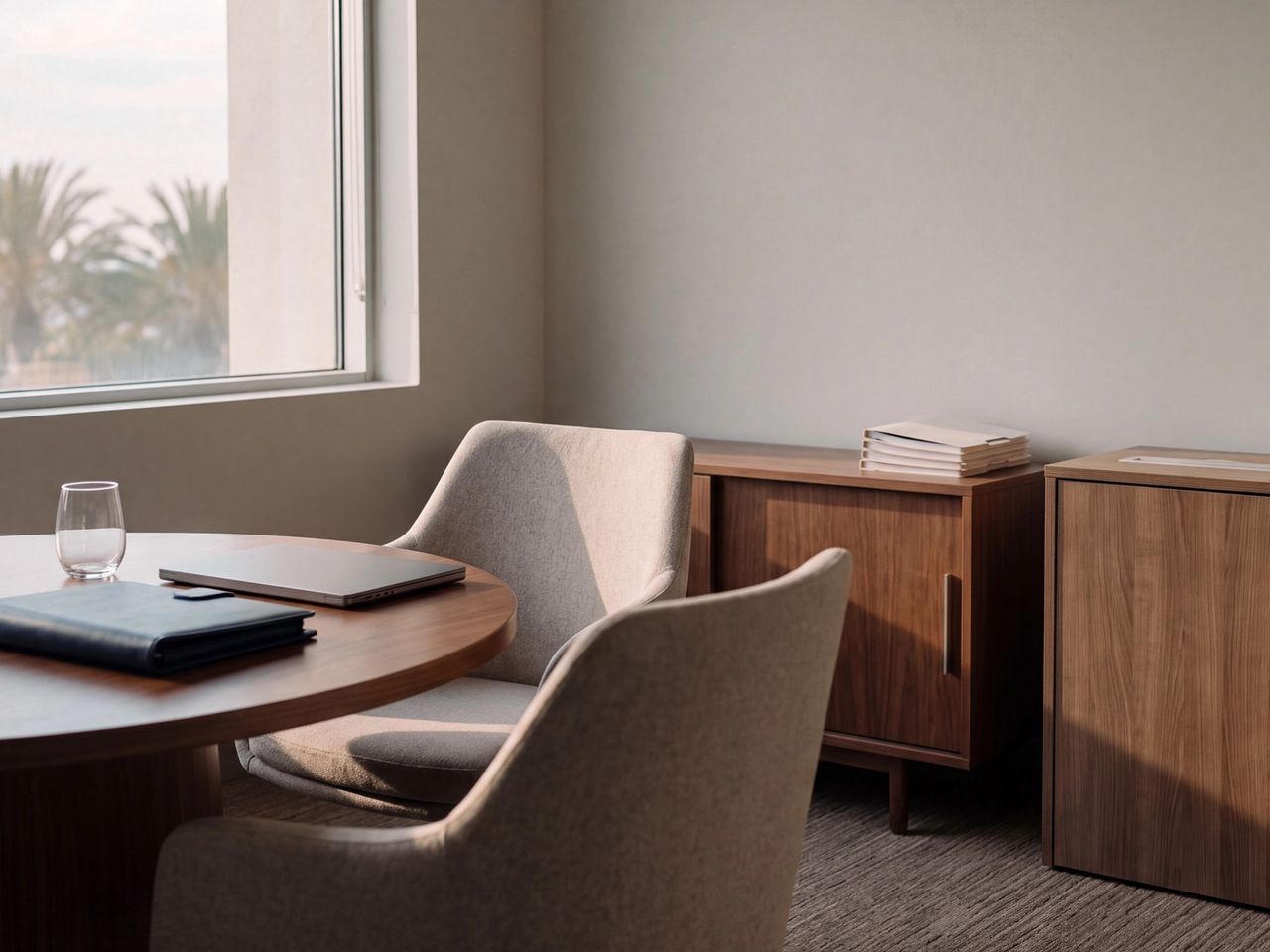 A wealth management client room after hours, with a closed portfolio and laptop on a round walnut table and a locked shredding console beside the credenza.