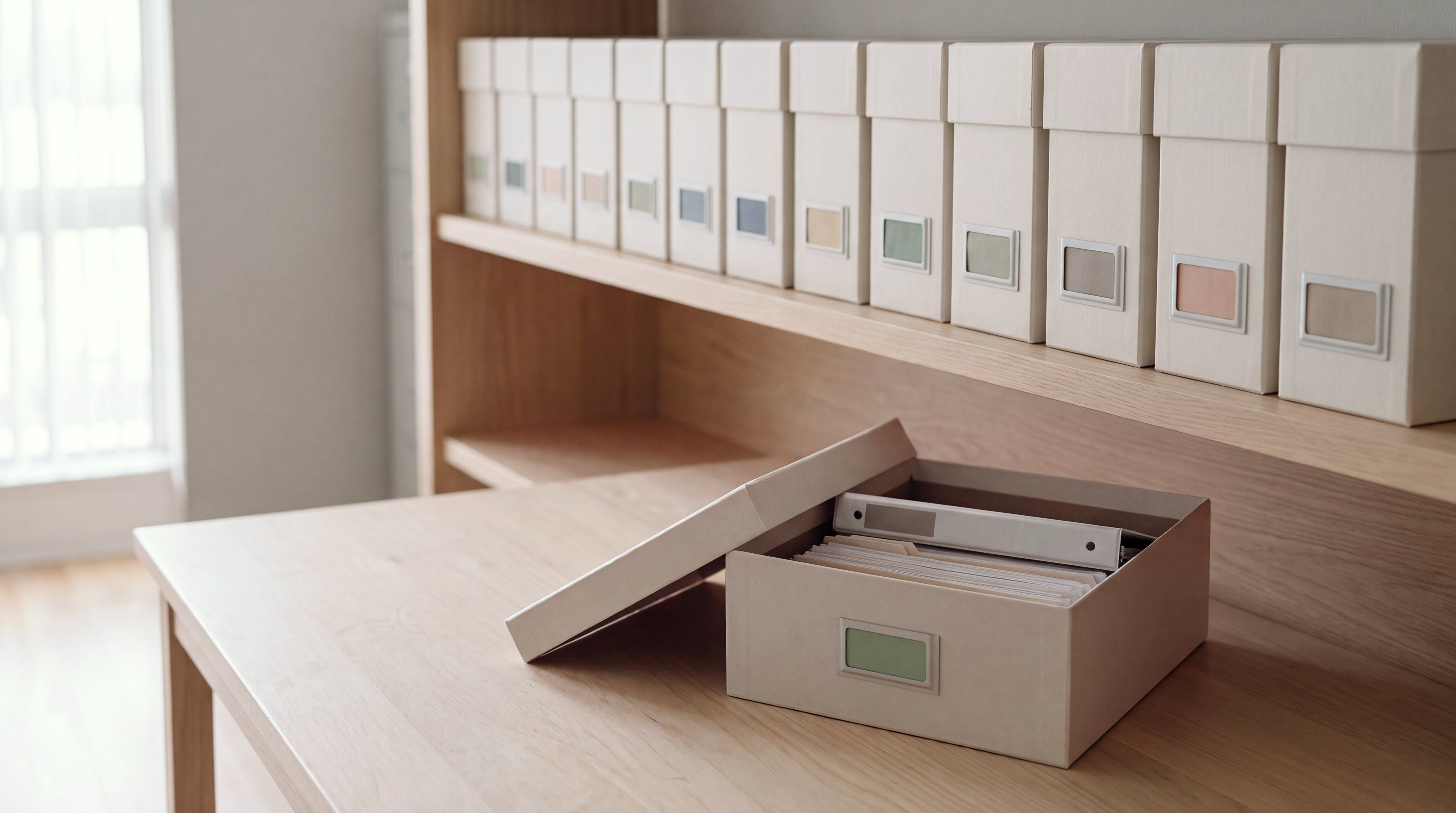 A row of matching archive boxes with muted colored labels on an oak shelf, with one box taken down and opened on the table in front.