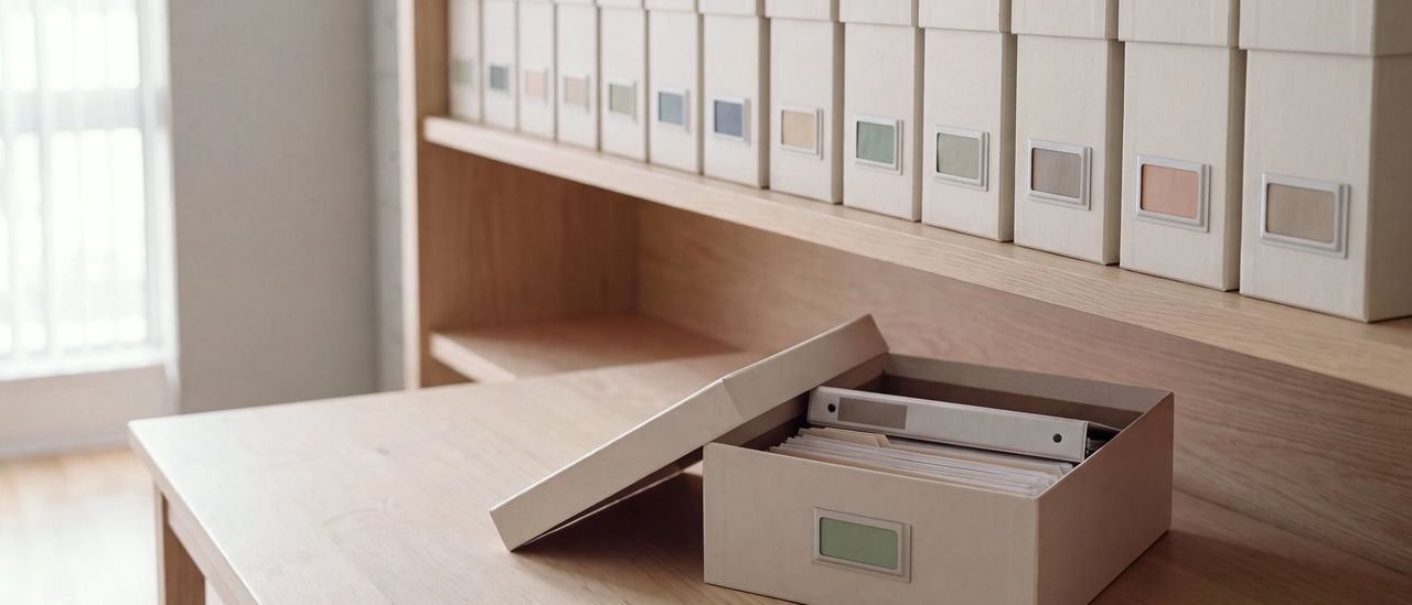 A row of matching archive boxes with muted colored labels on an oak shelf, with one box taken down and opened on the table in front.