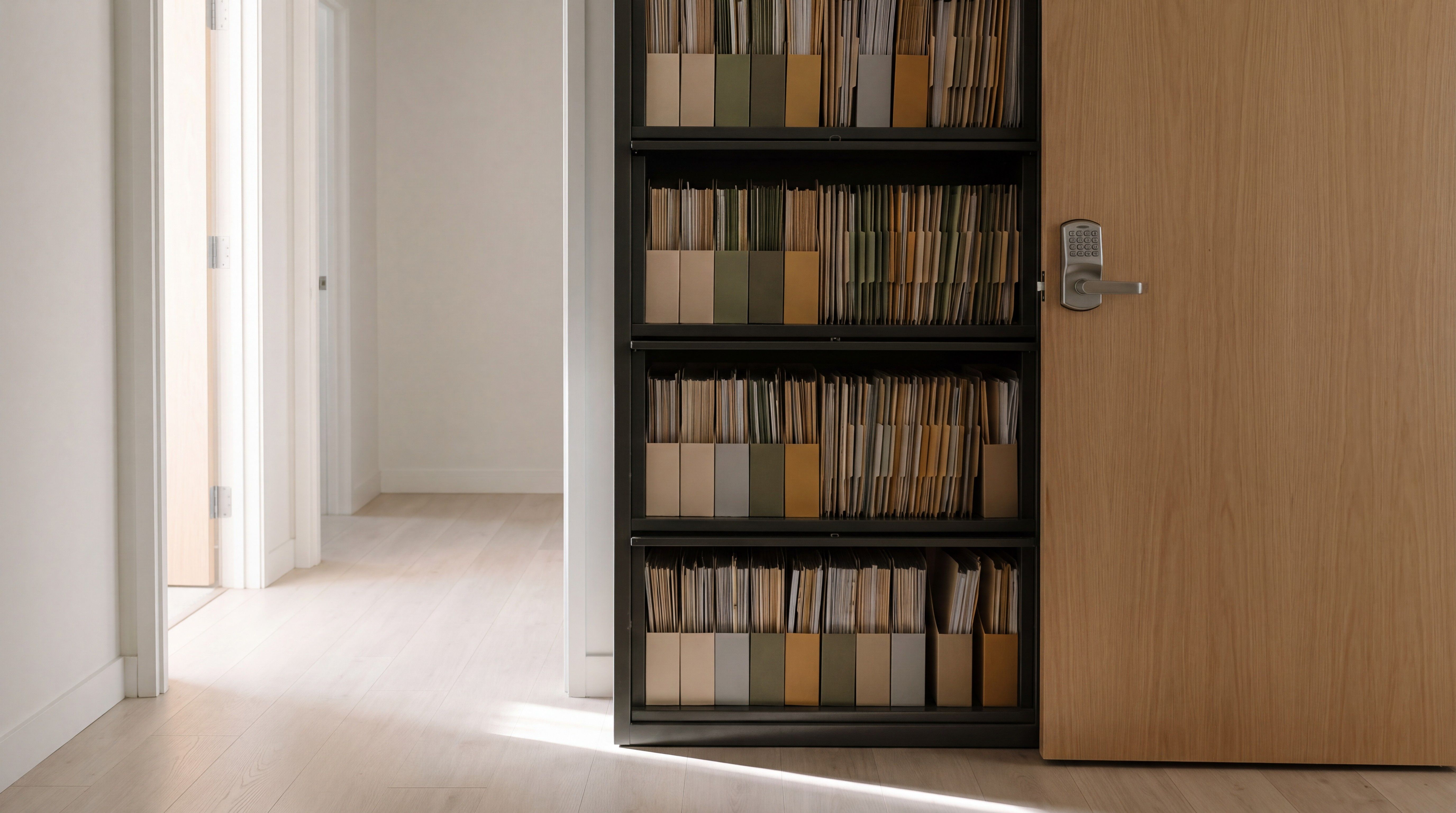 Rows of file folders with colored end tabs on shelving in a small records room, beside a door with a keypad lock.
