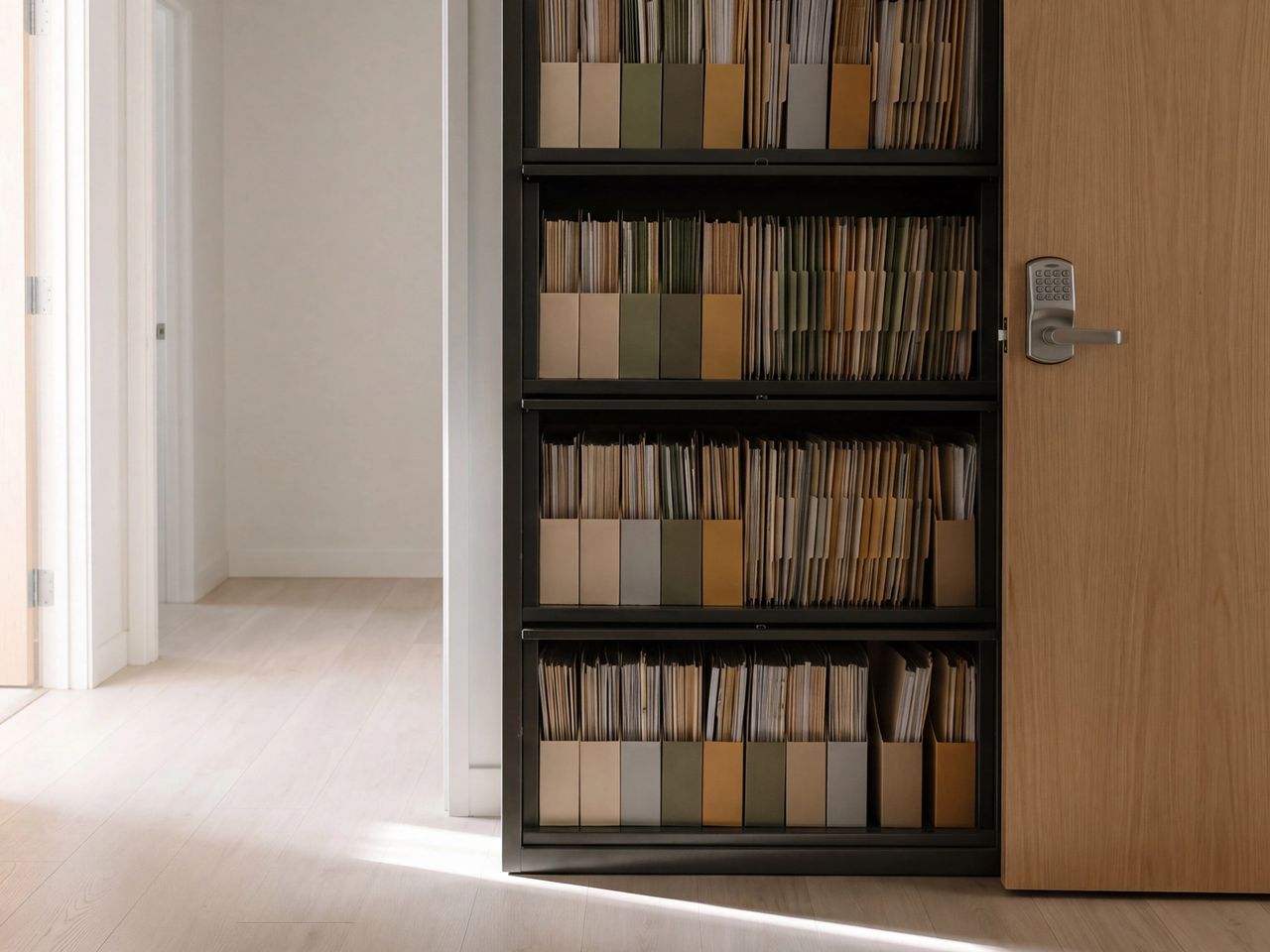 Rows of file folders with colored end tabs on shelving in a small records room, beside a door with a keypad lock.