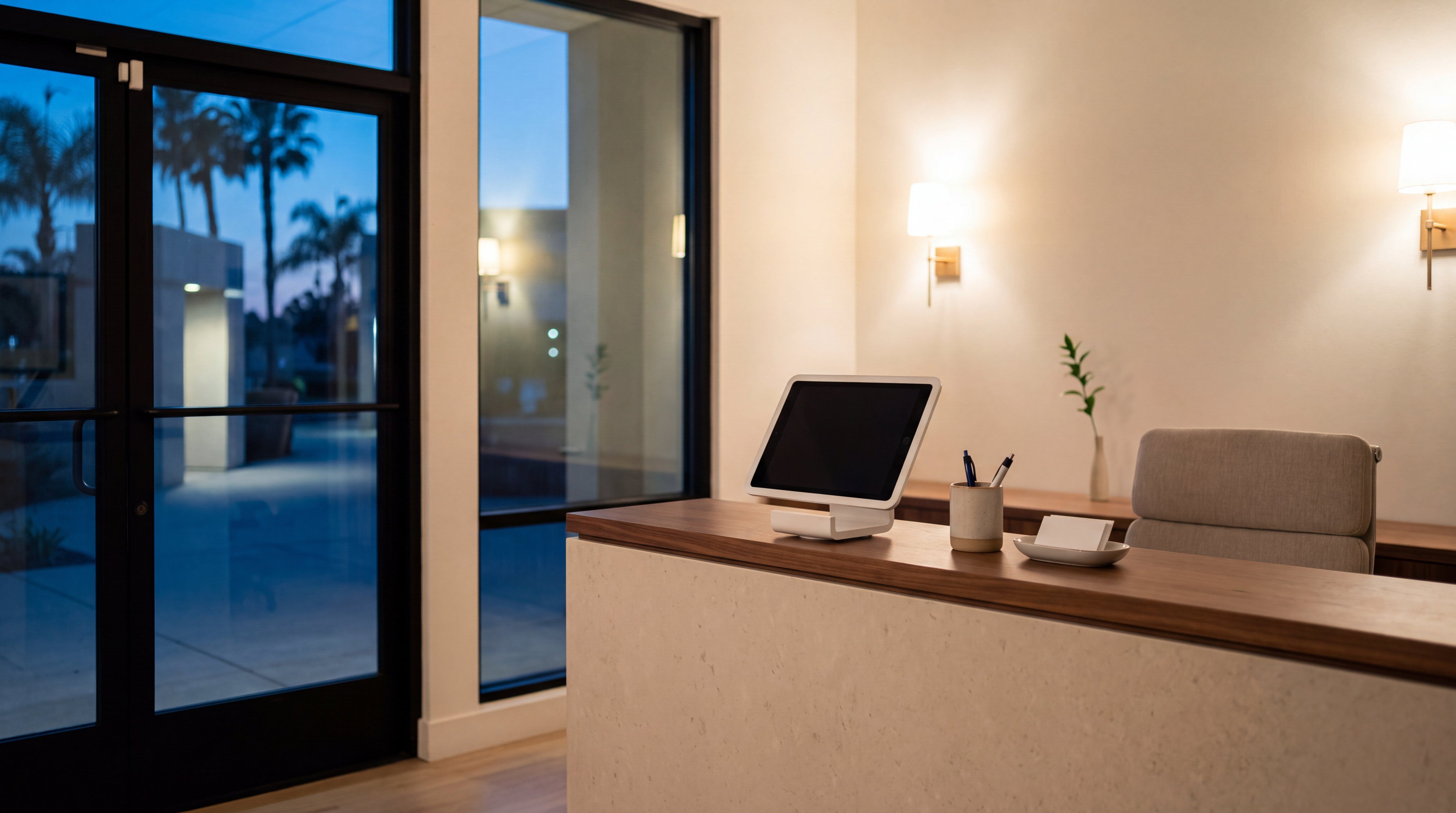 A professional office reception counter after hours, with a visitor check-in tablet asleep on its stand and dusk through the glass entry doors.