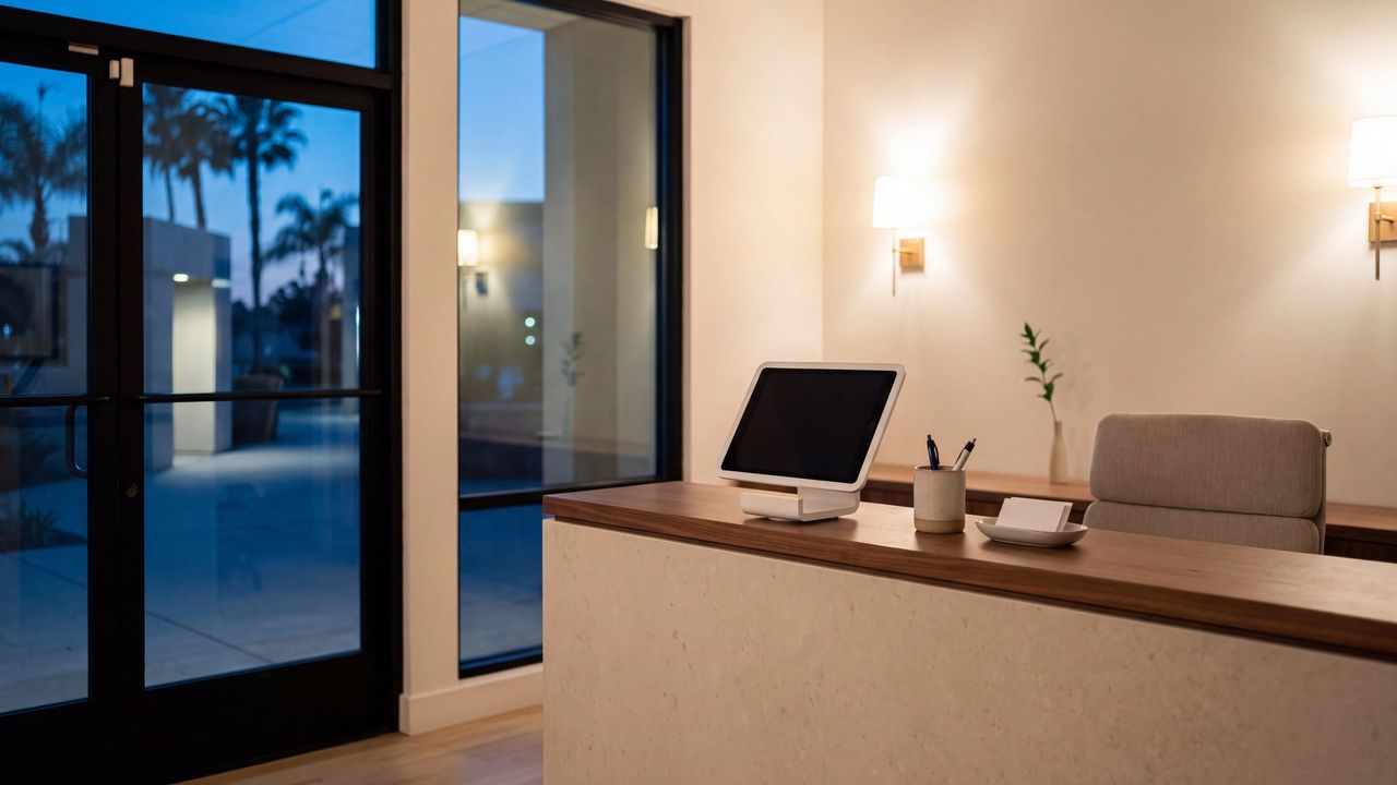 A professional office reception counter after hours, with a visitor check-in tablet asleep on its stand and dusk through the glass entry doors.