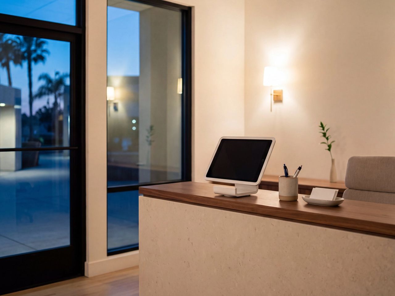 A professional office reception counter after hours, with a visitor check-in tablet asleep on its stand and dusk through the glass entry doors.