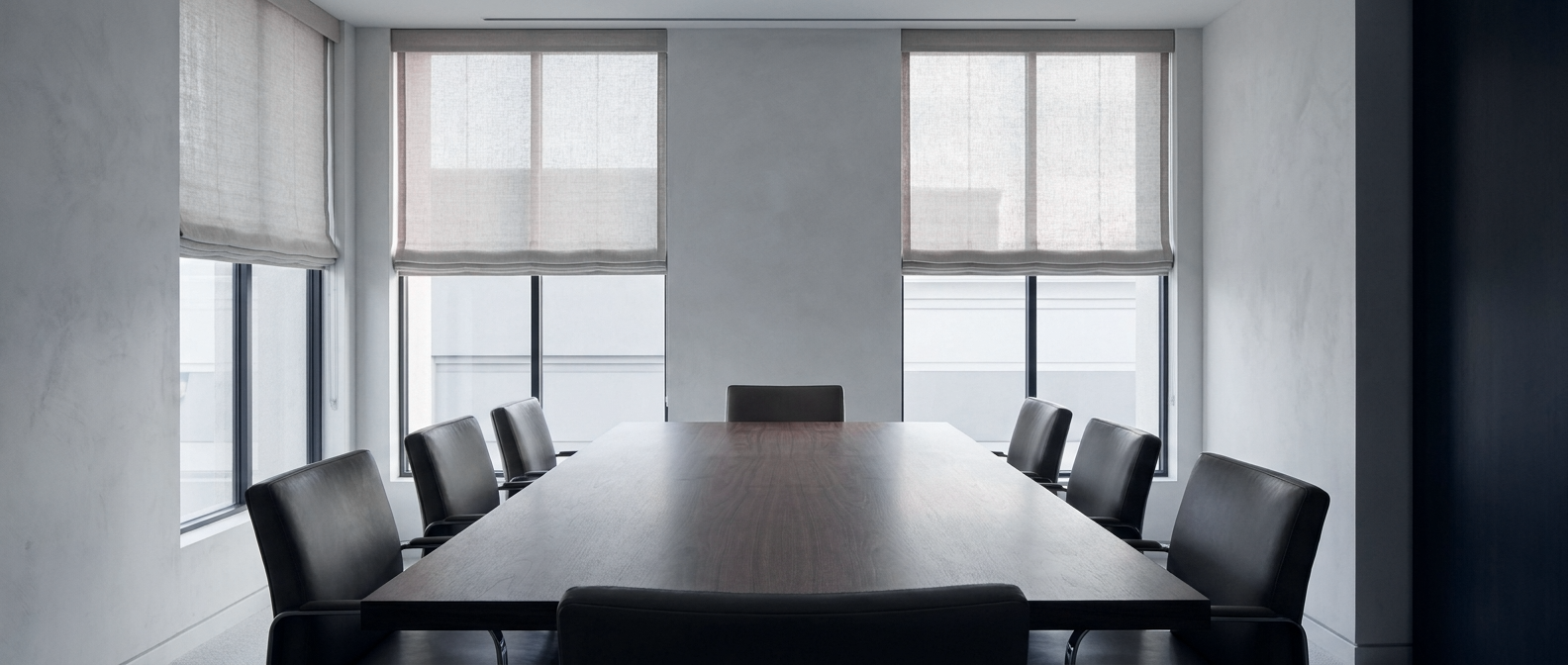 An empty conference room with linen shades half drawn.
