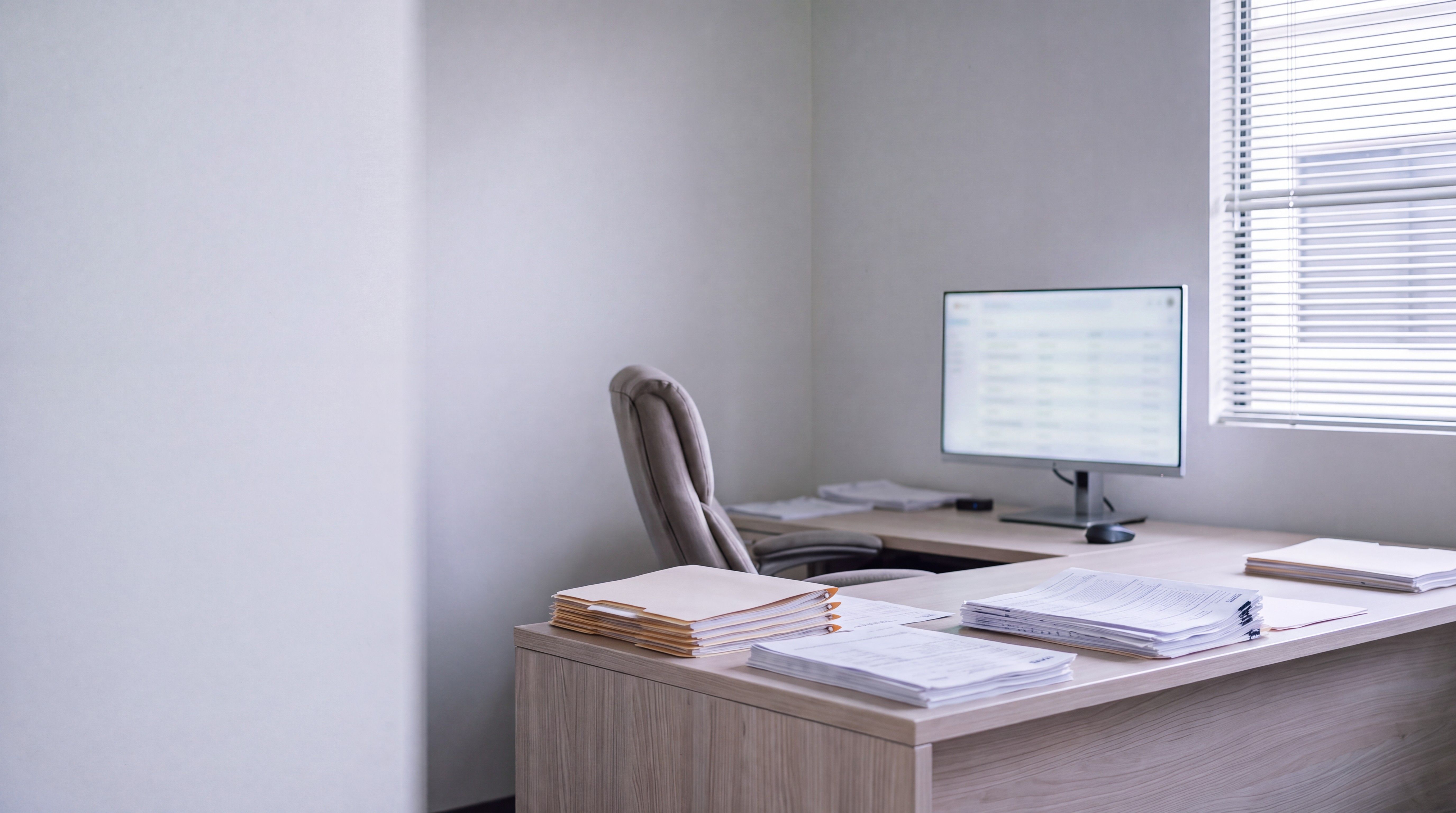 Stacked client folders and printed returns beside a monitor at an empty workstation.