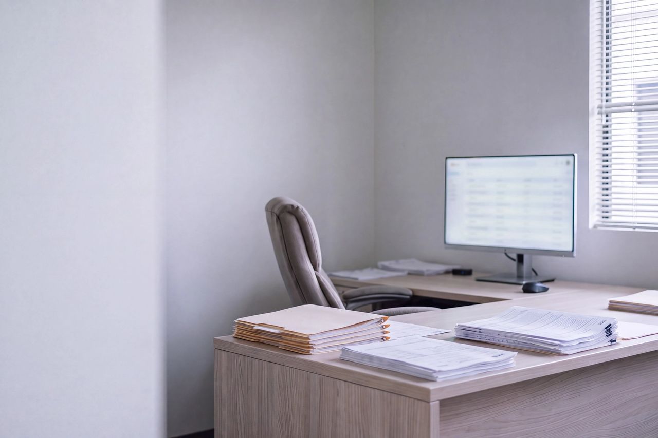 Stacked client folders and printed returns beside a monitor at an empty workstation.