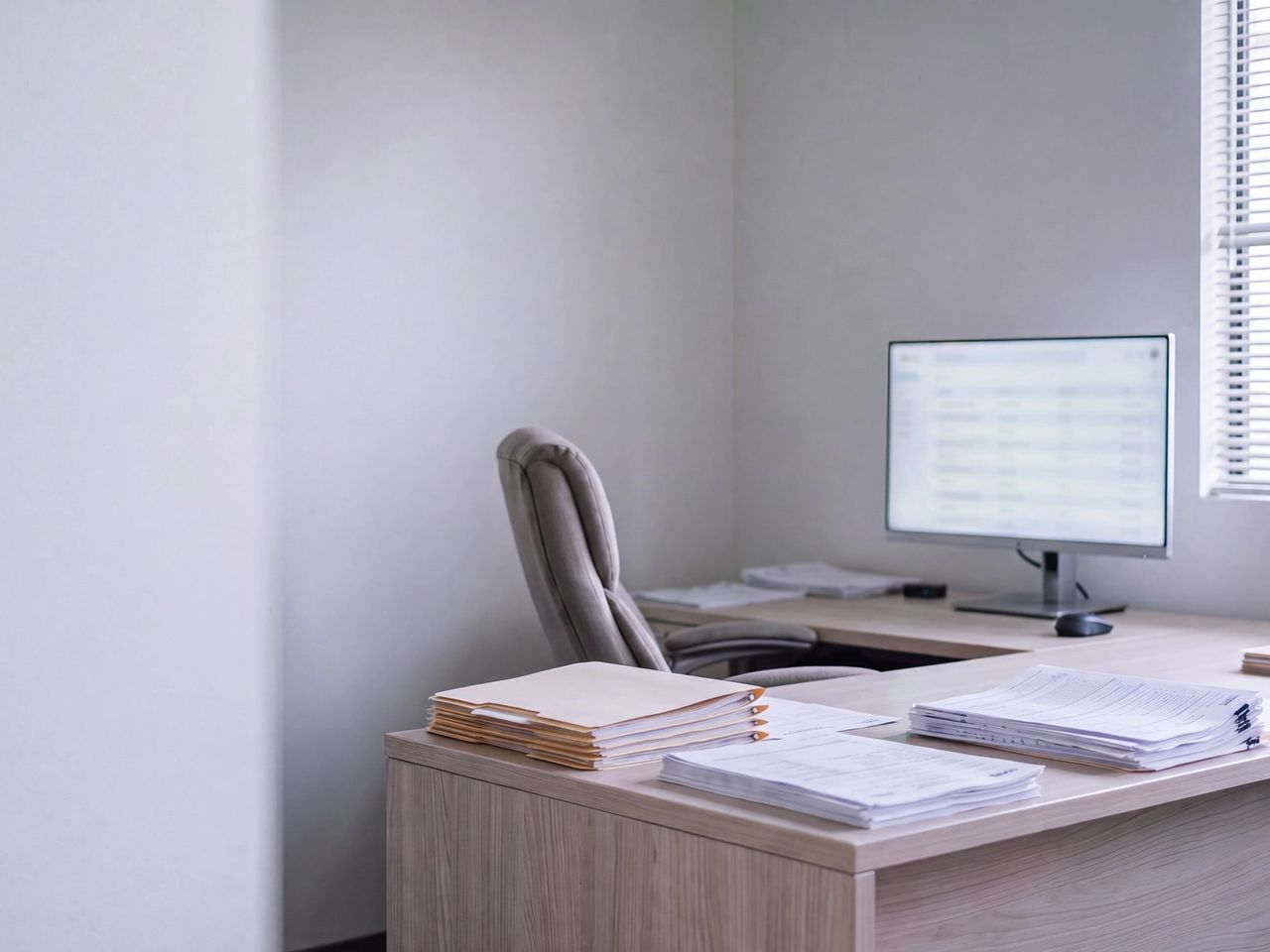 Stacked client folders and printed returns beside a monitor at an empty workstation.
