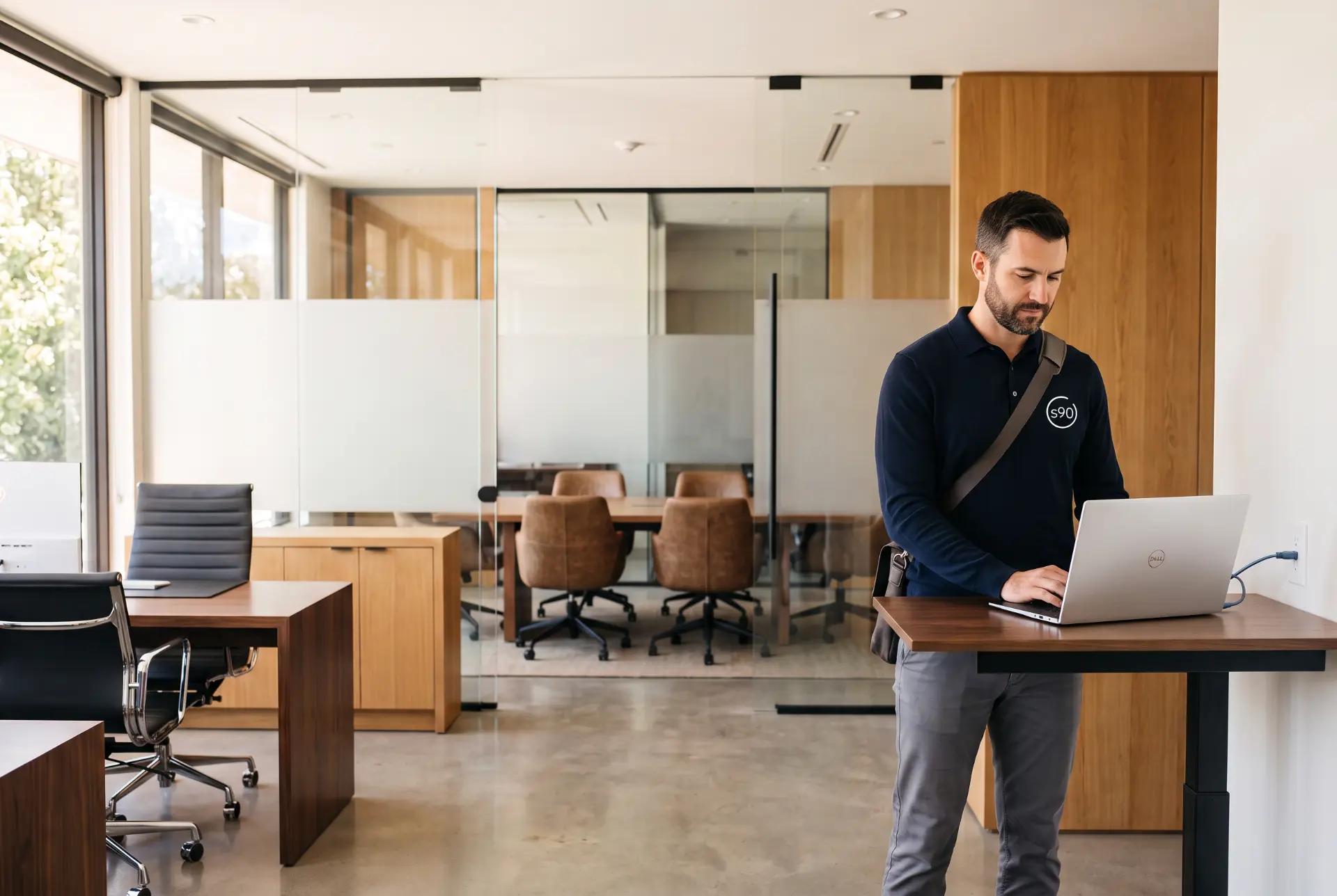 A man with a shoulder bag stands at a standing desk using a laptop in an empty open-plan office, unoccupied chairs and meeting seating around him.