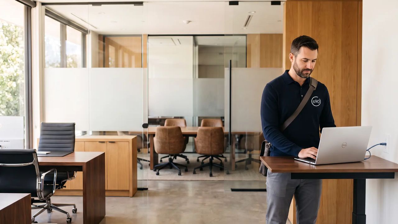 A man with a shoulder bag stands at a standing desk using a laptop in an empty open-plan office, unoccupied chairs and meeting seating around him.