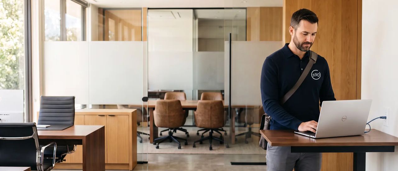 A man with a shoulder bag stands at a standing desk using a laptop in an empty open-plan office, unoccupied chairs and meeting seating around him.