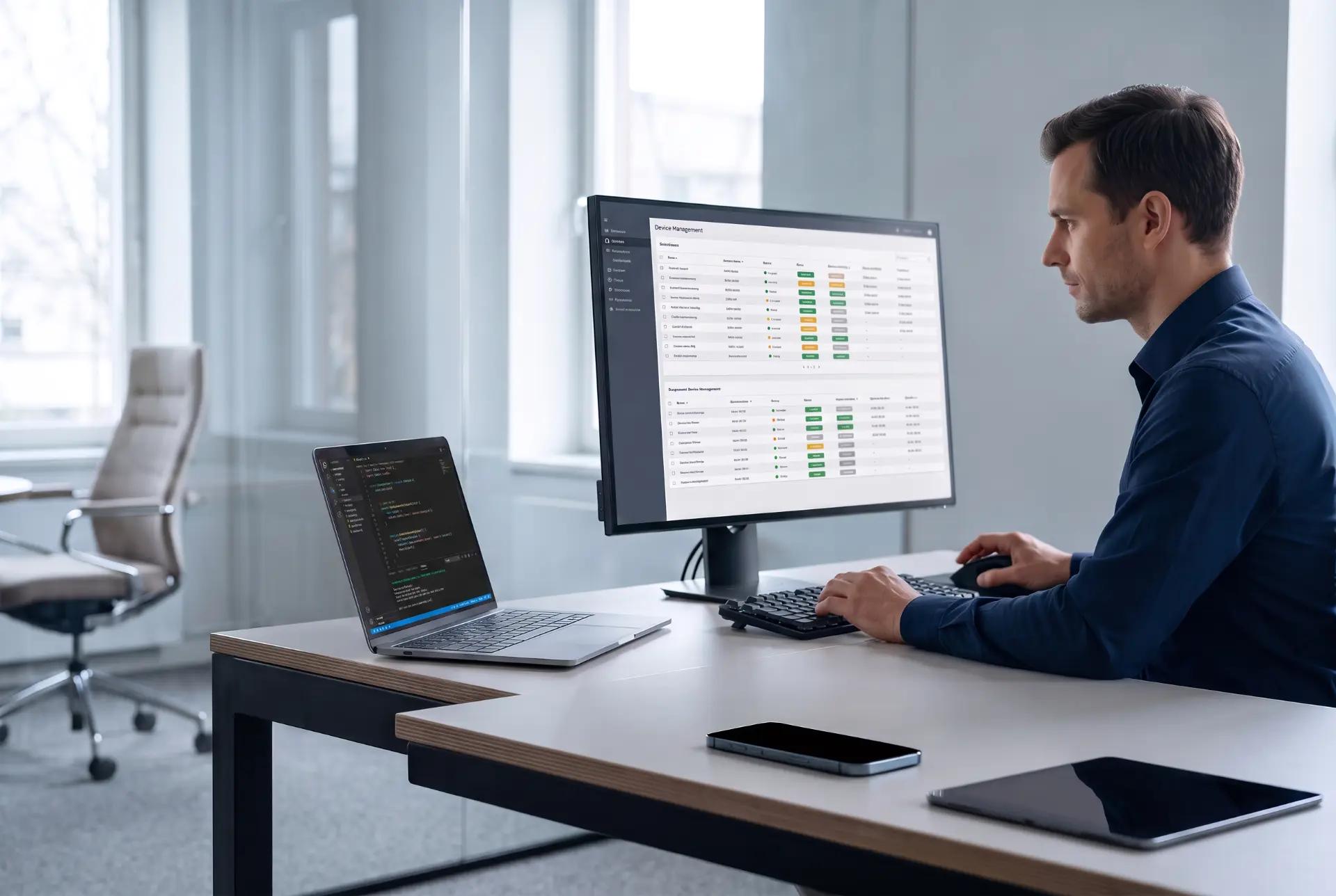 A man works at a bright white desk with a large monitor showing a status dashboard of coloured rows, an open laptop beside it. Sheer curtains diffuse the daylight.