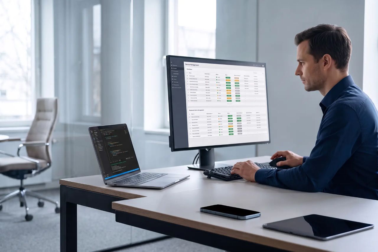 A man works at a bright white desk with a large monitor showing a status dashboard of coloured rows, an open laptop beside it. Sheer curtains diffuse the daylight.