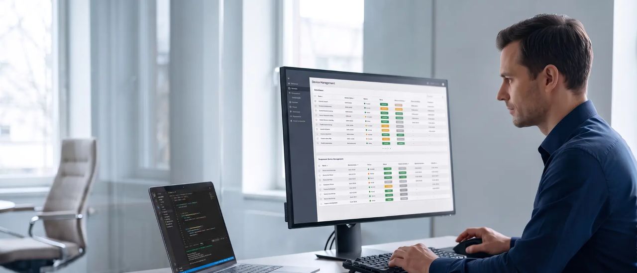 A man works at a bright white desk with a large monitor showing a status dashboard of coloured rows, an open laptop beside it. Sheer curtains diffuse the daylight.