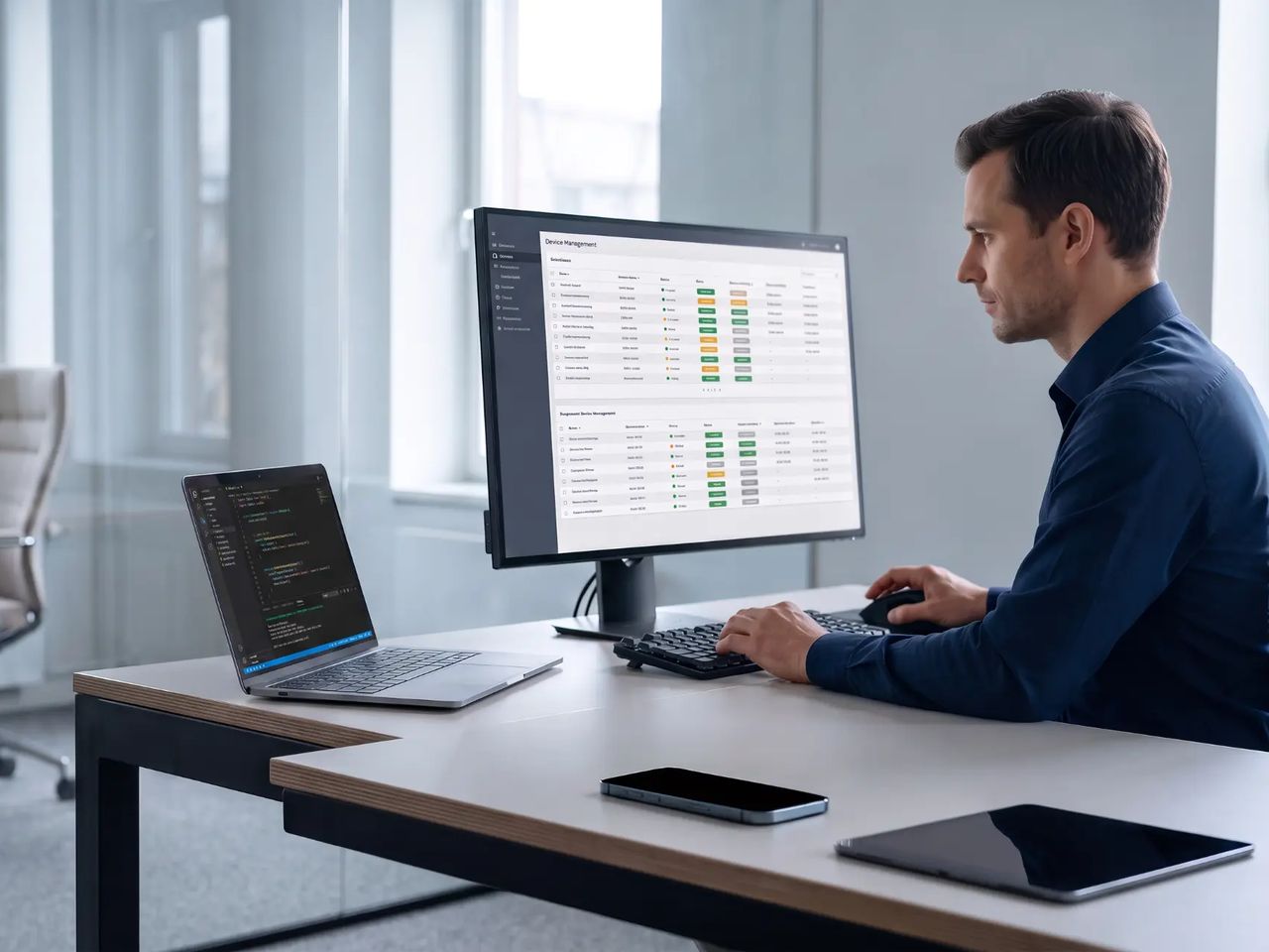 A man works at a bright white desk with a large monitor showing a status dashboard of coloured rows, an open laptop beside it. Sheer curtains diffuse the daylight.