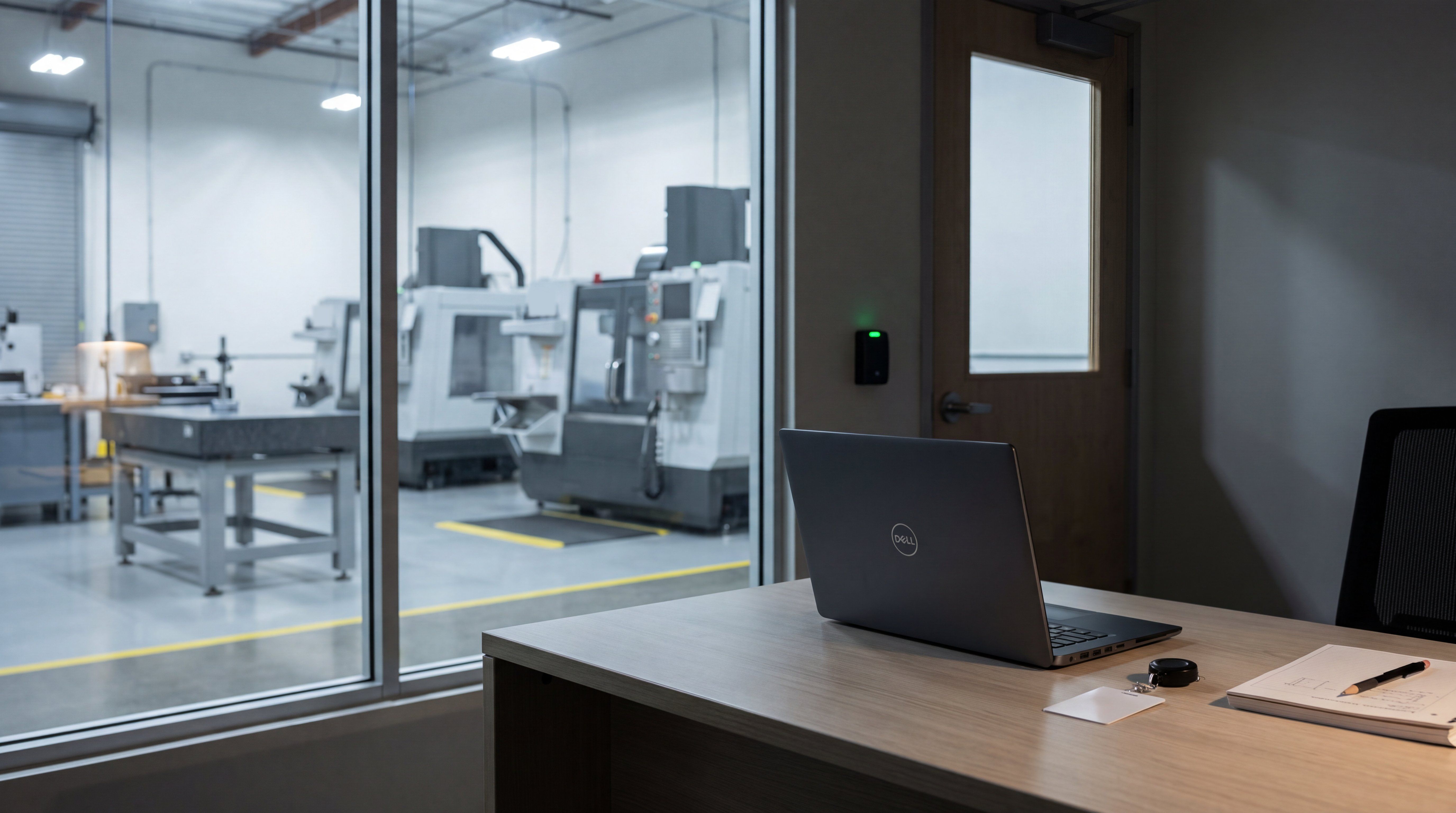 The engineering office of a small machine shop in the evening, with a laptop and security badge on the desk, a badge reader by the door and an idle shop floor beyond the glass.