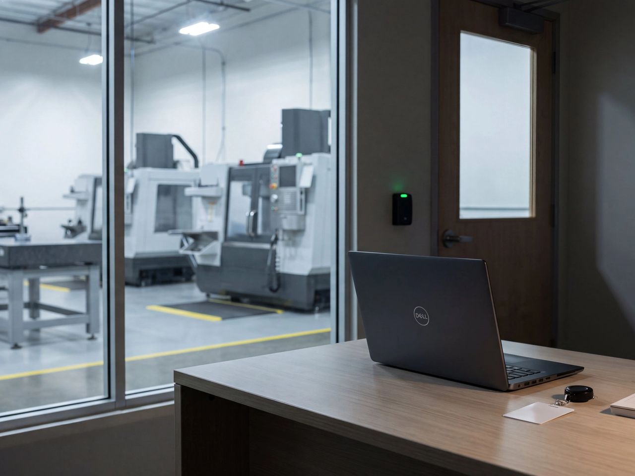 The engineering office of a small machine shop in the evening, with a laptop and security badge on the desk, a badge reader by the door and an idle shop floor beyond the glass.