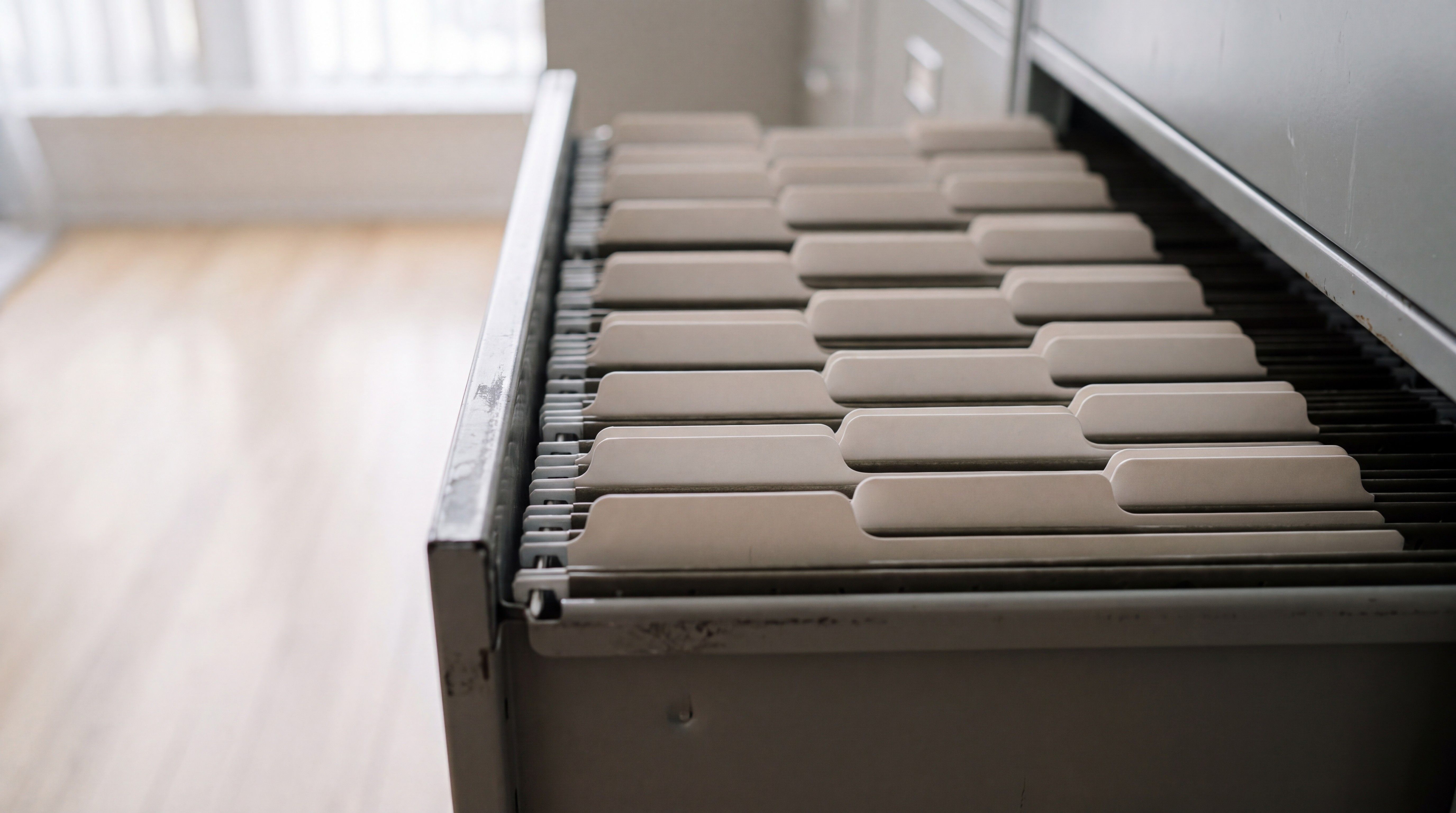 A filing drawer of uniform pale file tabs in alignment.