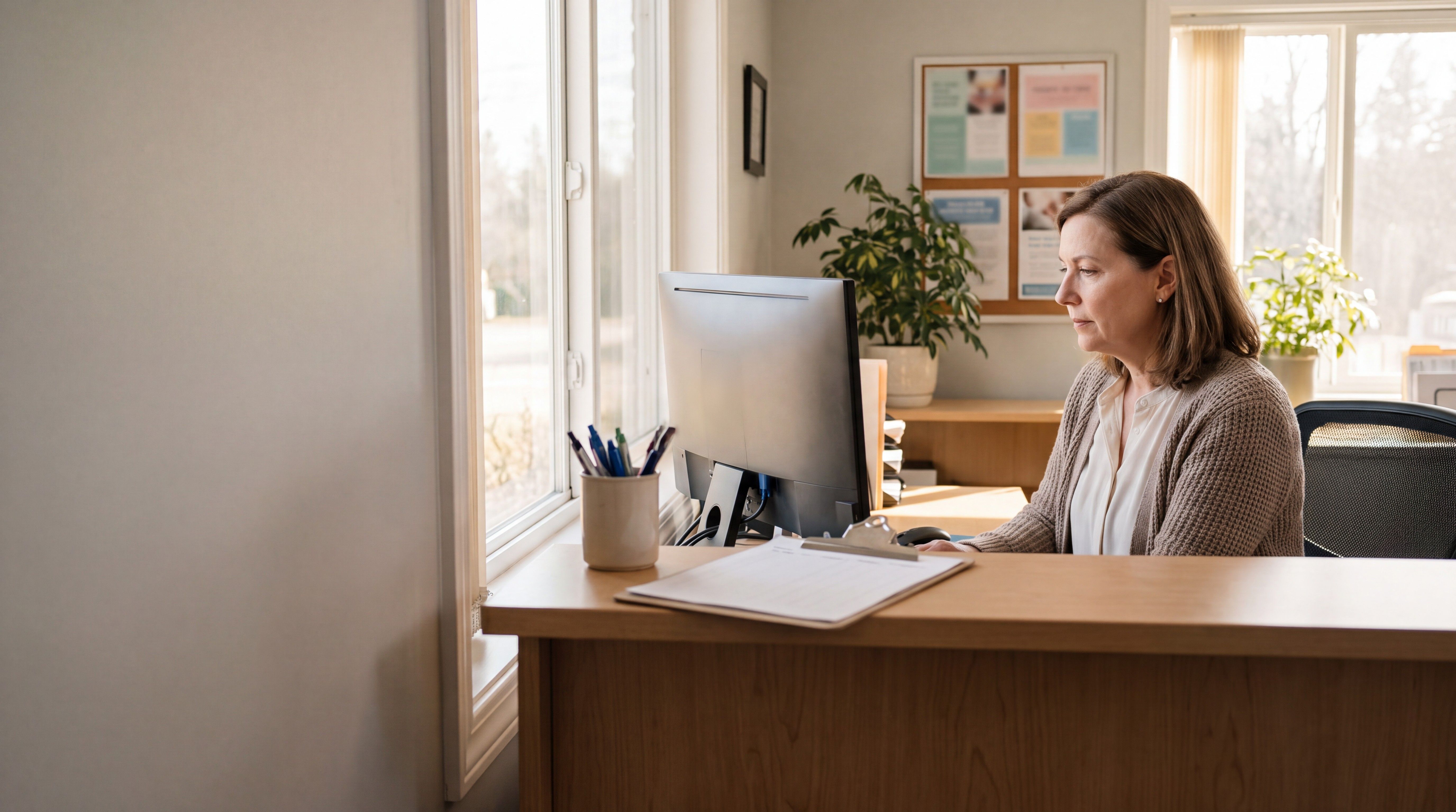 A staff member works at a computer behind the reception counter of a small community services office.