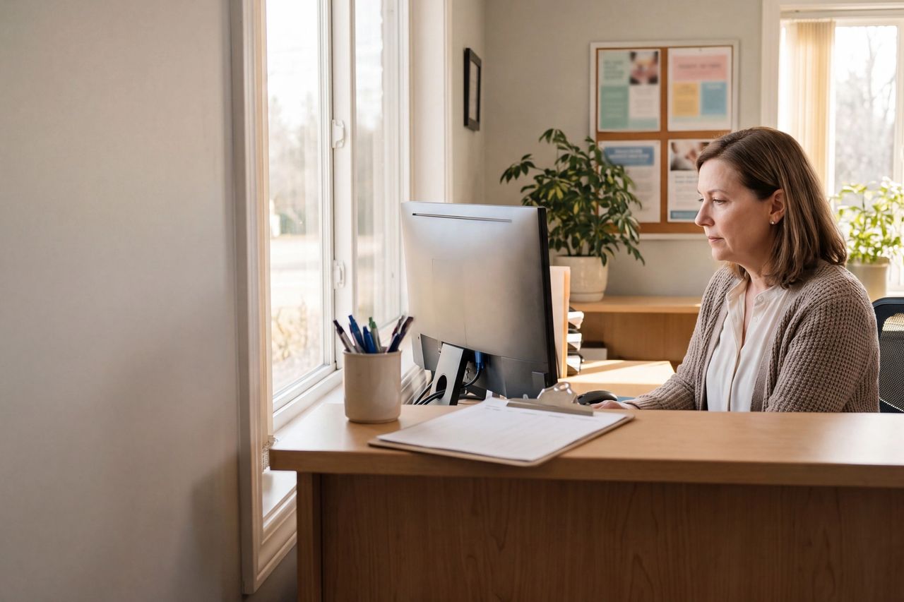 A staff member works at a computer behind the reception counter of a small community services office.