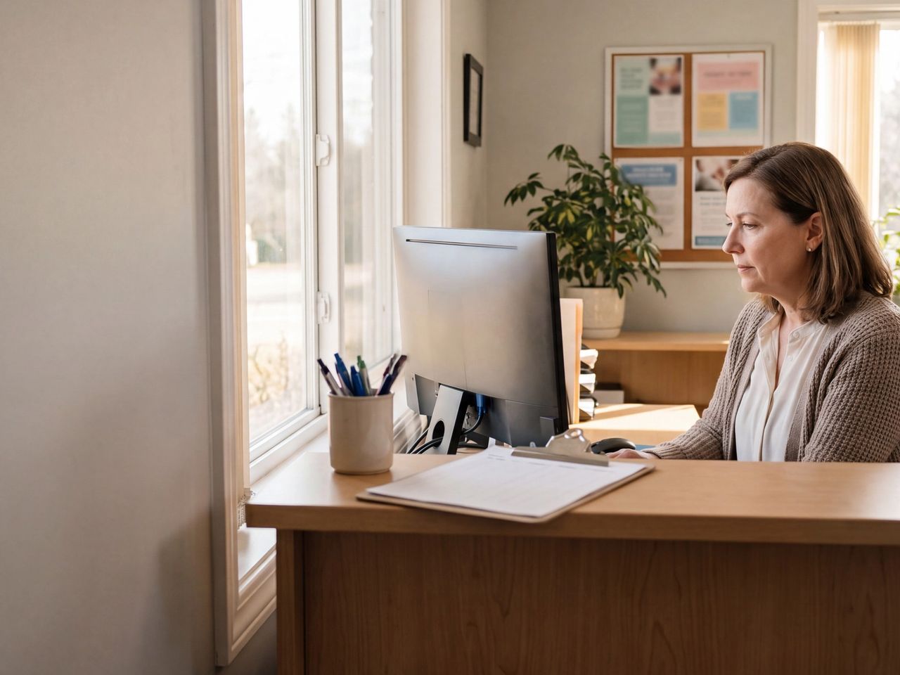 A staff member works at a computer behind the reception counter of a small community services office.