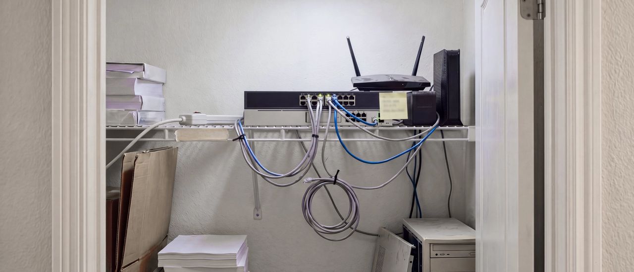A small office supply closet where a network switch, router and modem sit stacked on a wire shelf with loose cables, beside stored paper and an old desktop tower.