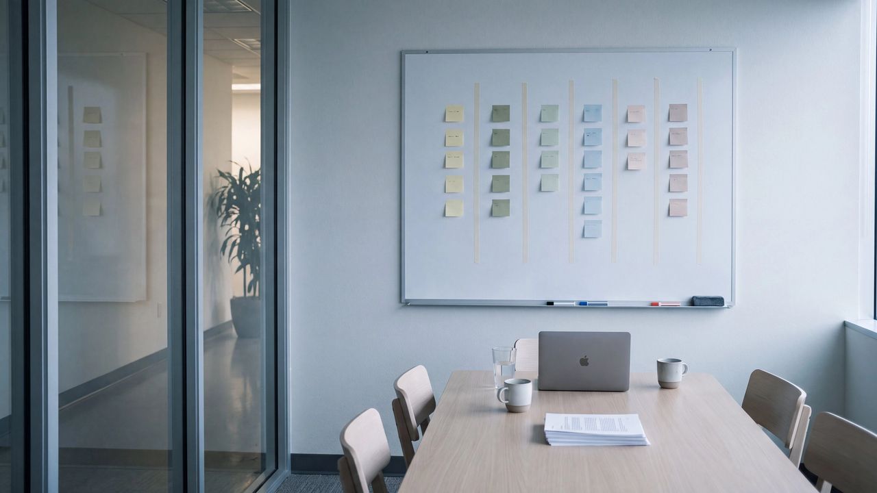A small conference room just after a planning exercise, with six neat columns of sticky notes on a whiteboard and papers and coffee cups left on the table.
