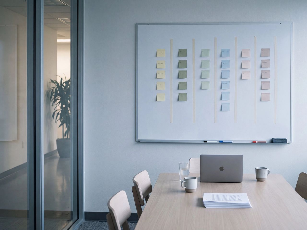 A small conference room just after a planning exercise, with six neat columns of sticky notes on a whiteboard and papers and coffee cups left on the table.